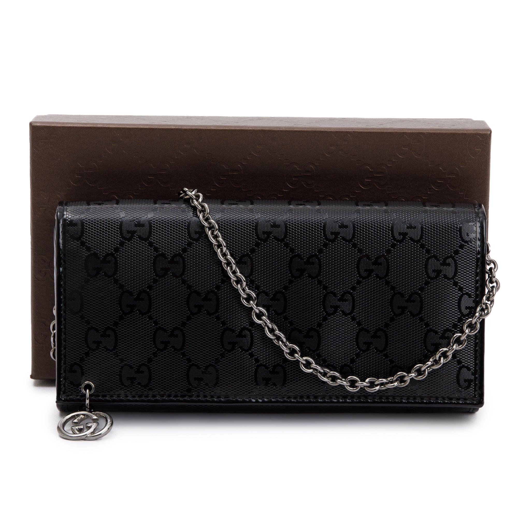 Gucci Black GG Imprime Monogram Pierced Wallet On Chain w/ Box