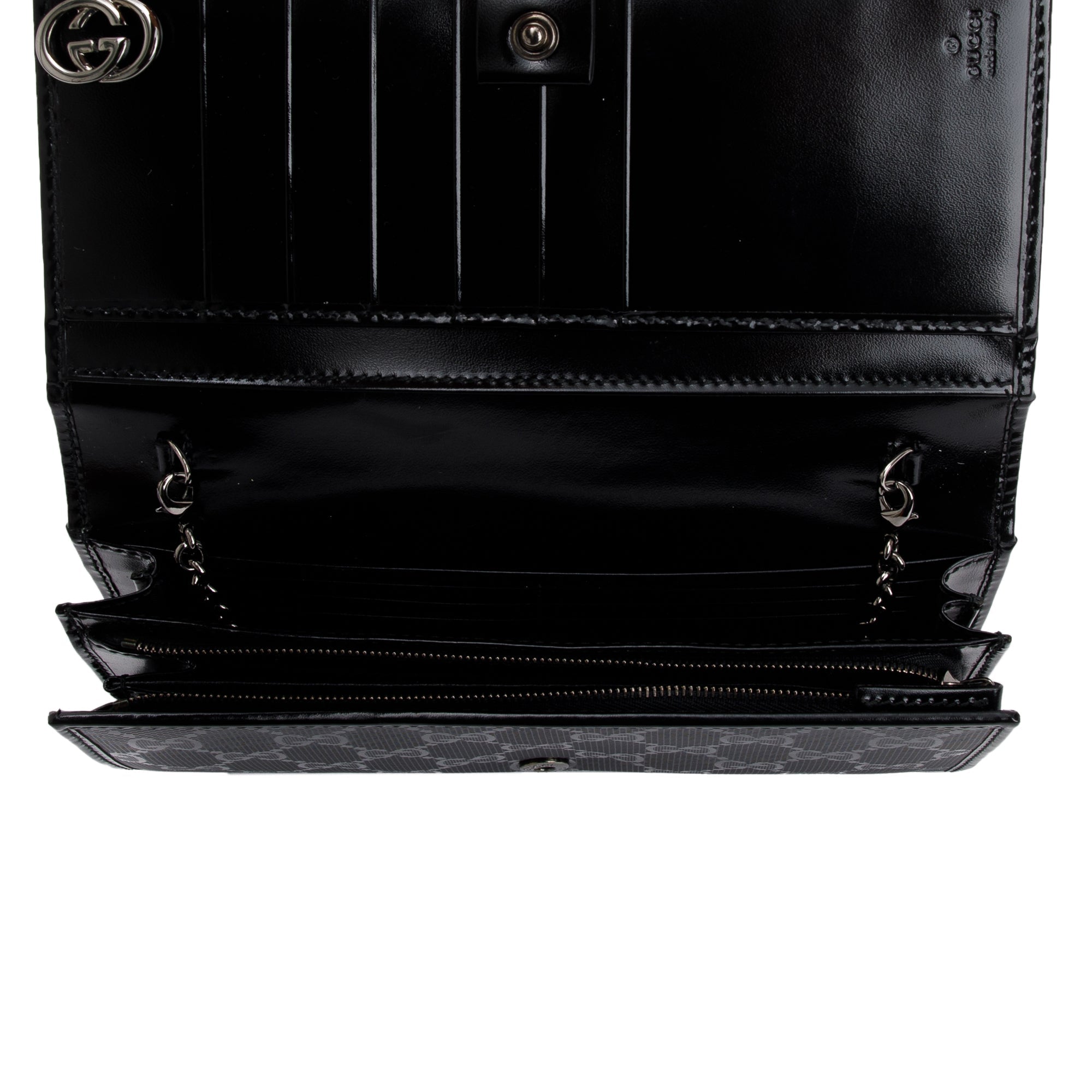 Gucci Black GG Imprime Monogram Pierced Wallet On Chain w/ Box