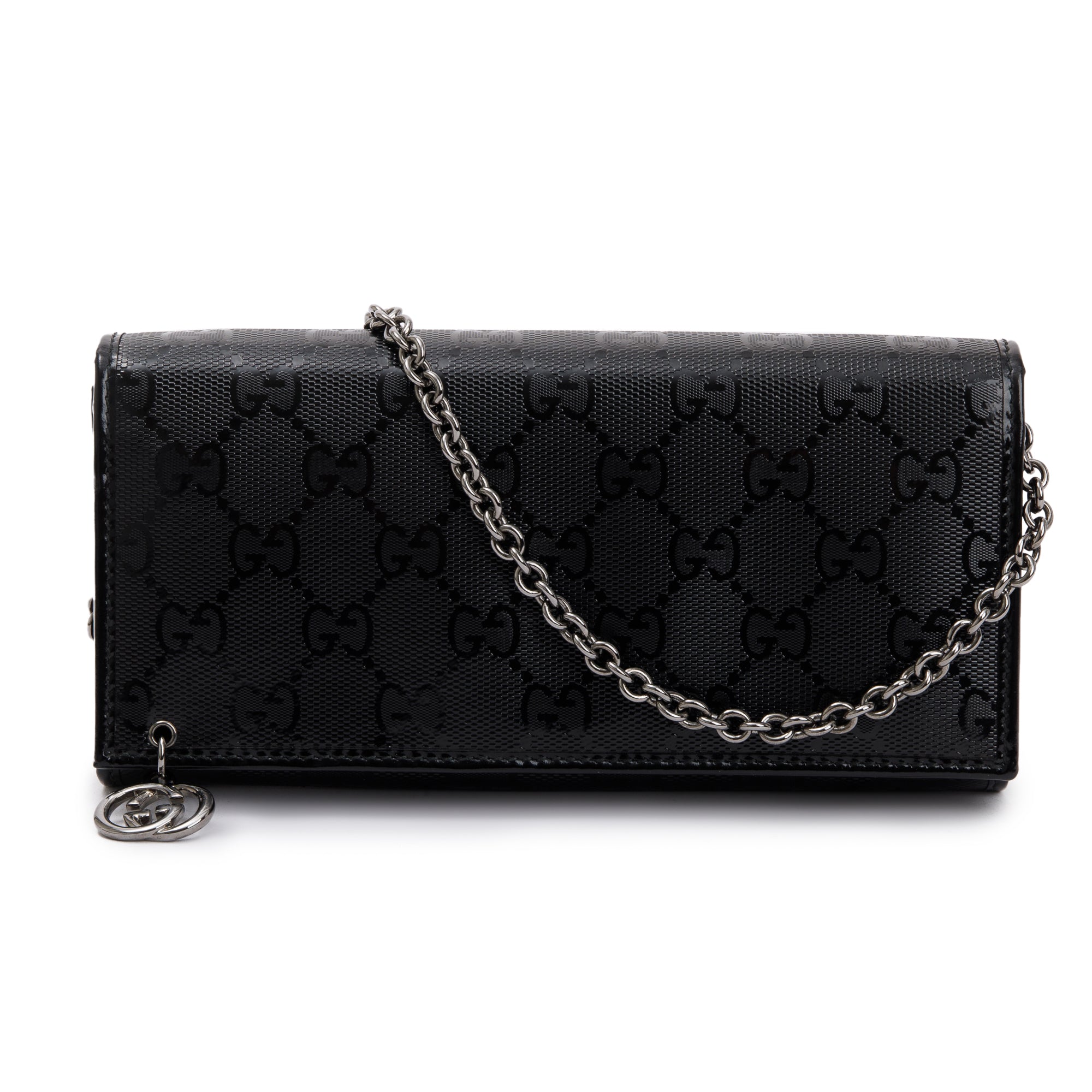 Gucci Black GG Imprime Monogram Pierced Wallet On Chain w/ Box
