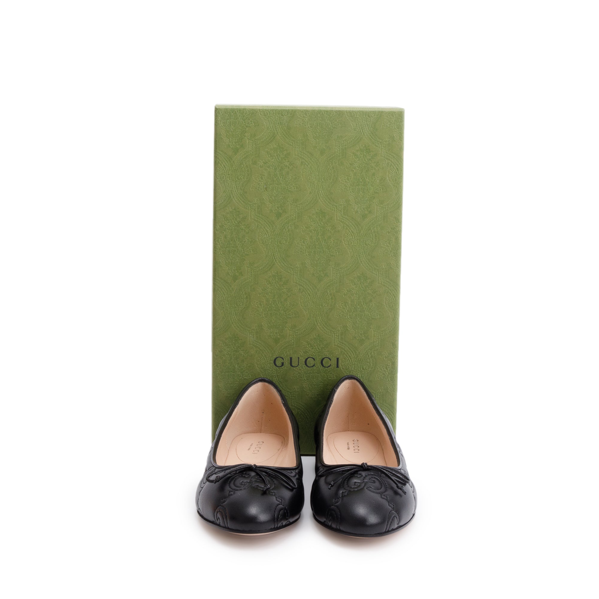 Gucci Black GG Logo Leather Ballet Flats, Size 38 w/ Box