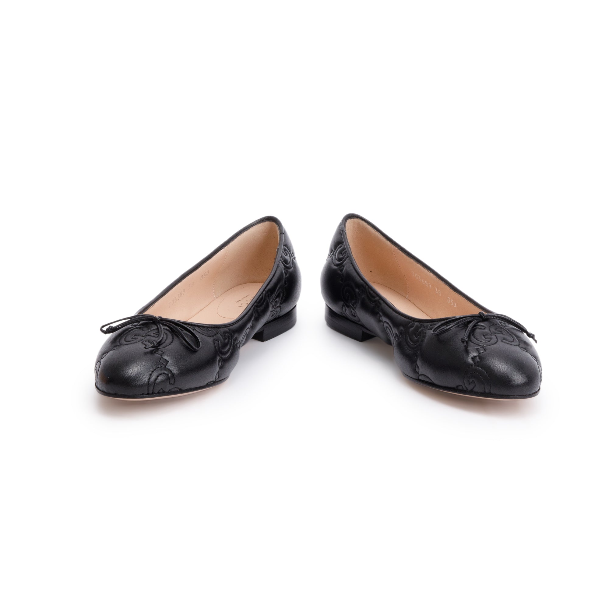 Gucci Black GG Logo Leather Ballet Flats, Size 38 w/ Box