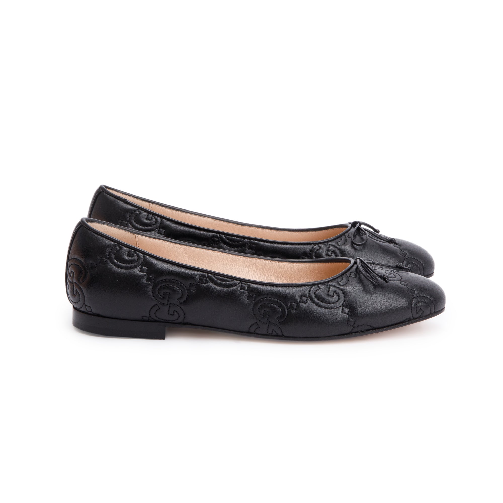 Gucci Black GG Logo Leather Ballet Flats, Size 38 w/ Box