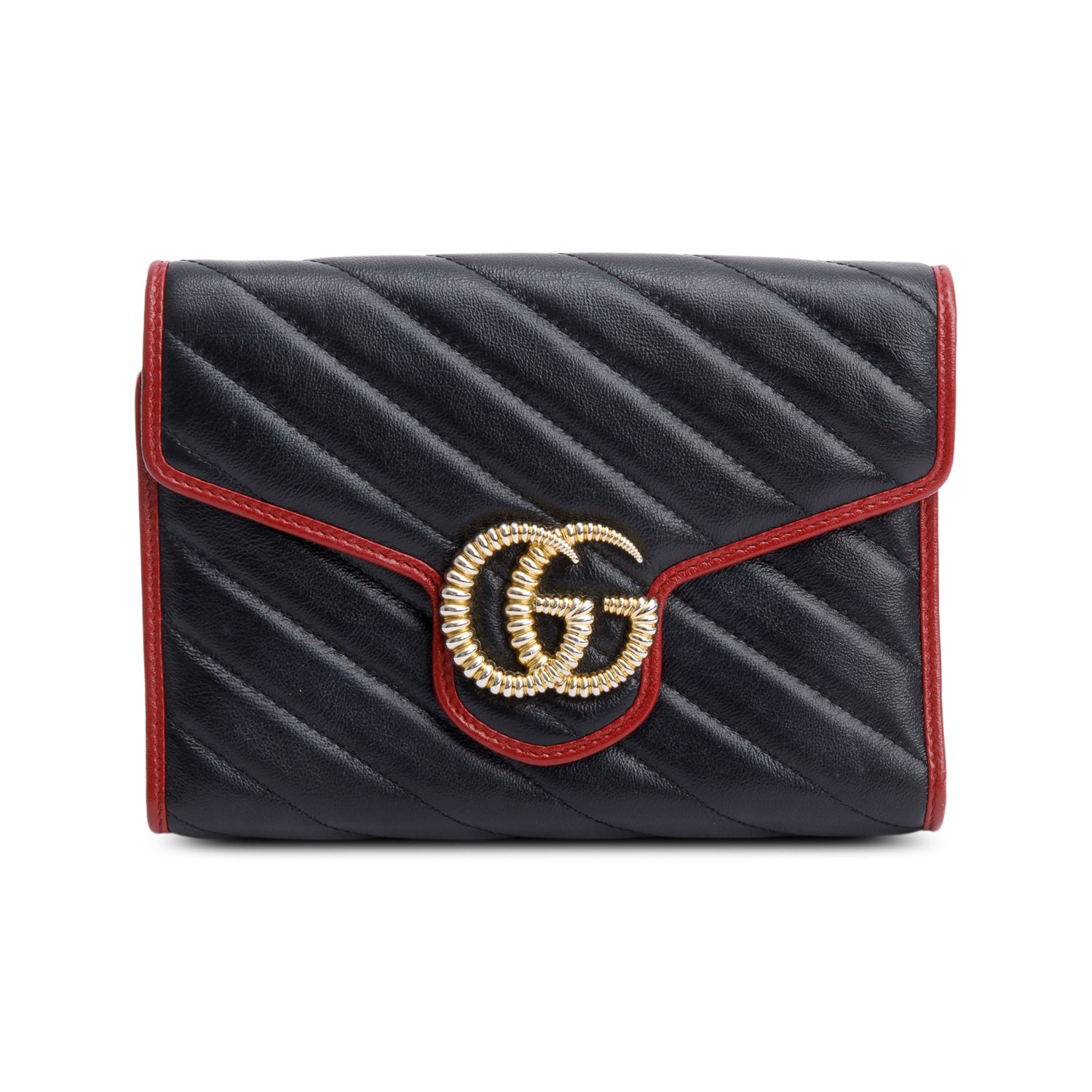 Gucci Black GG Marmont Calfskin Diagonal Torchon Wallet on Chain