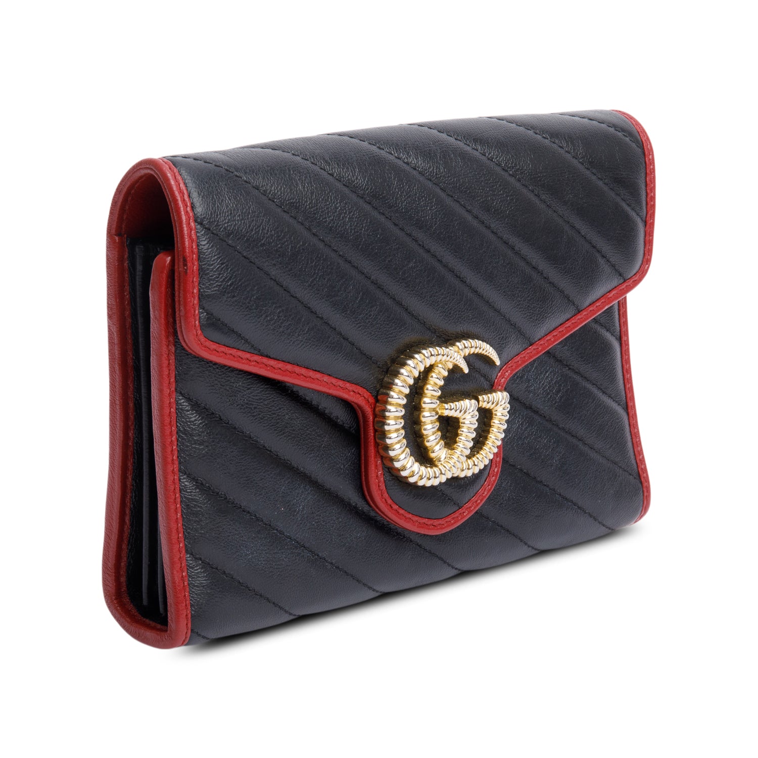 Gucci Black GG Marmont Calfskin Diagonal Torchon Wallet on Chain