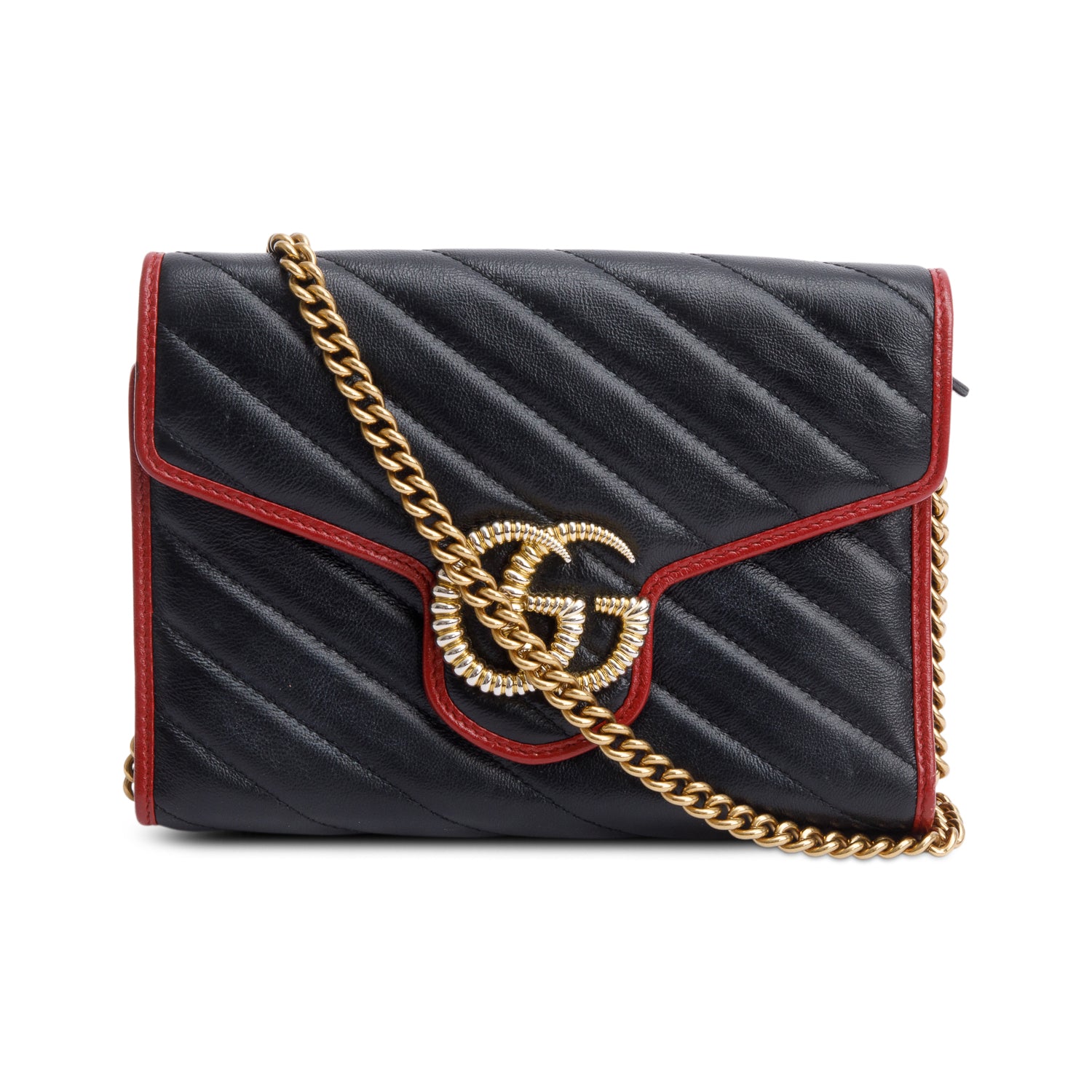 Gucci Black GG Marmont Calfskin Diagonal Torchon Wallet on Chain