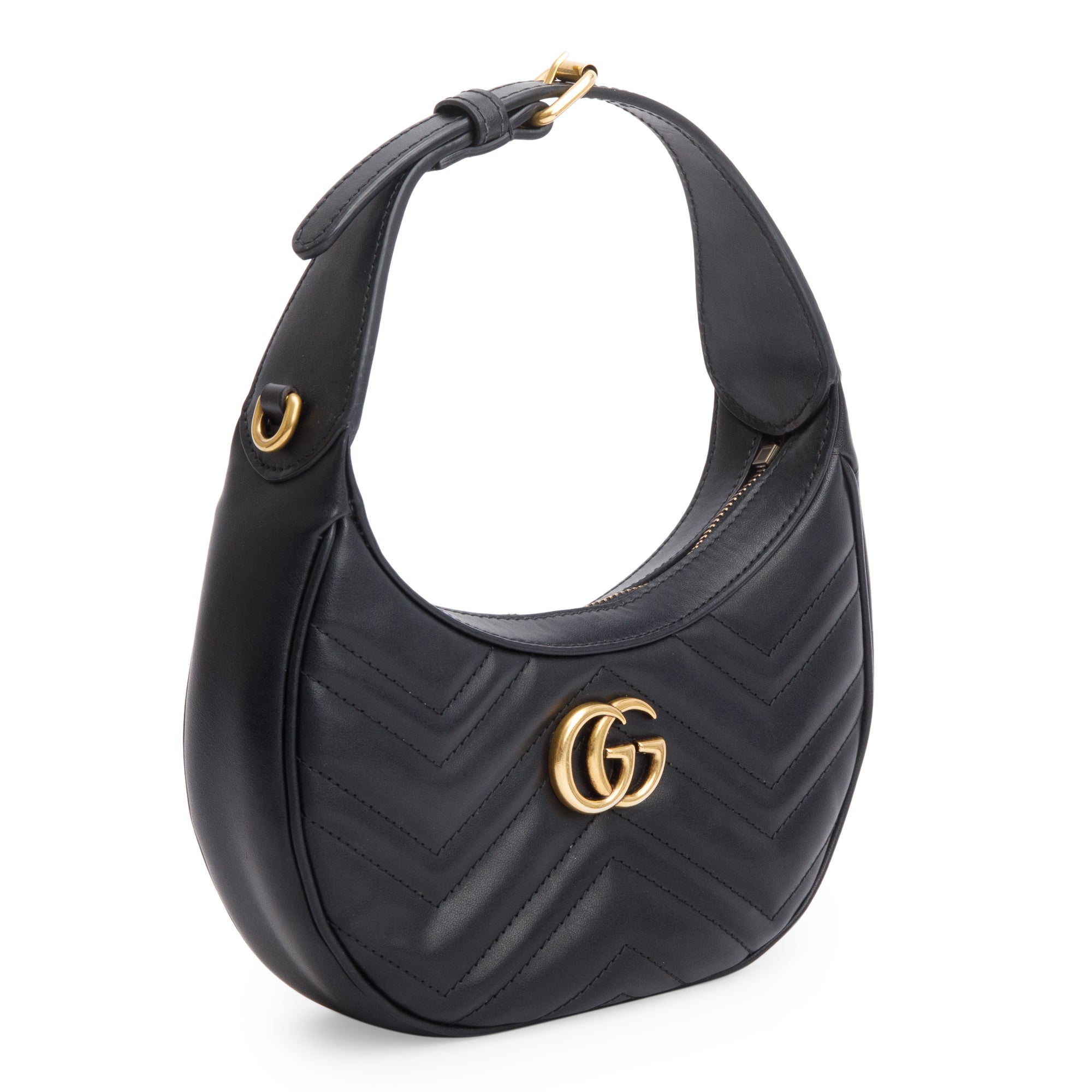 Gucci Black GG Marmont Half-Moon Shaped Mini Bag w/ Strap
