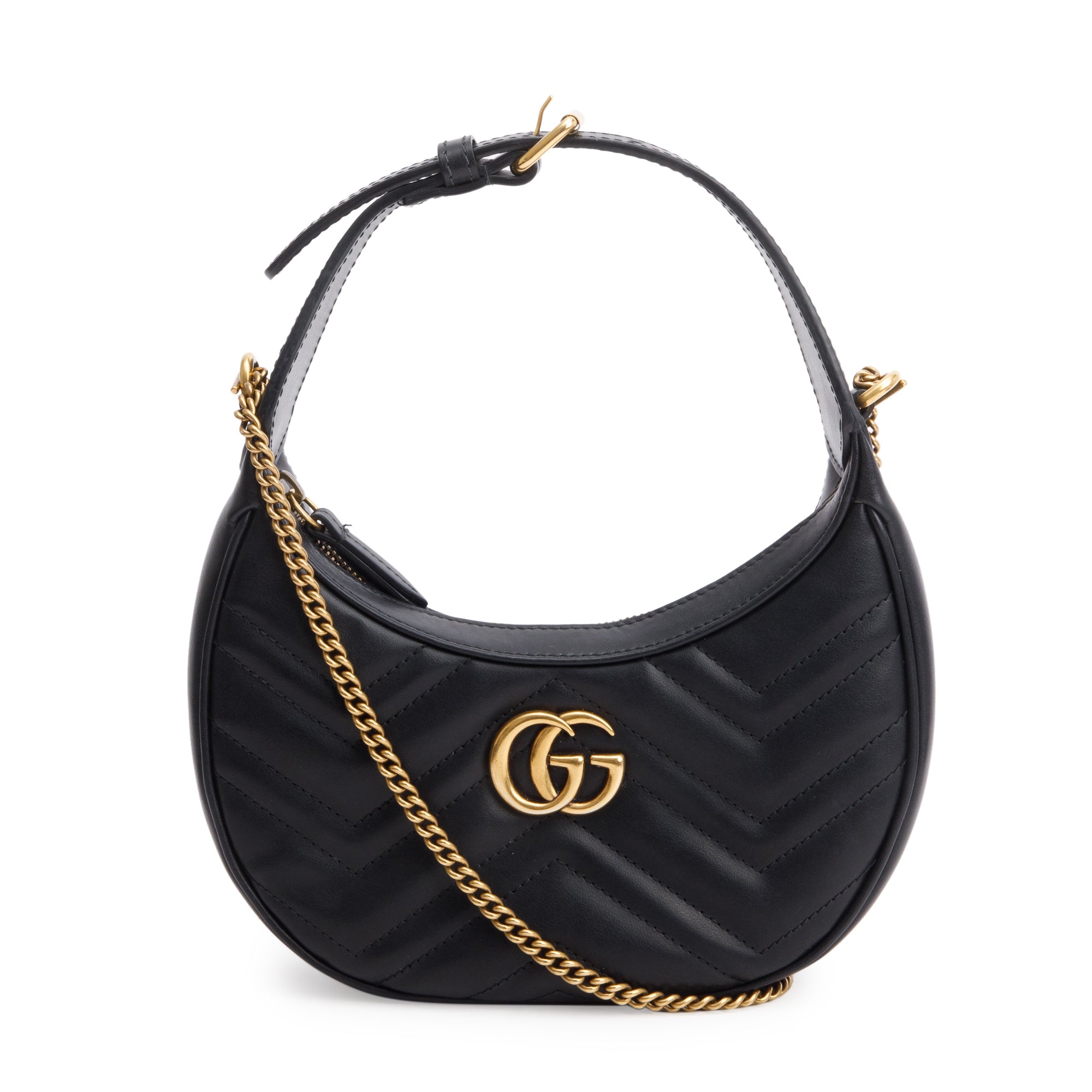 Gucci Black GG Marmont Half-Moon Shaped Mini Bag w/ Strap