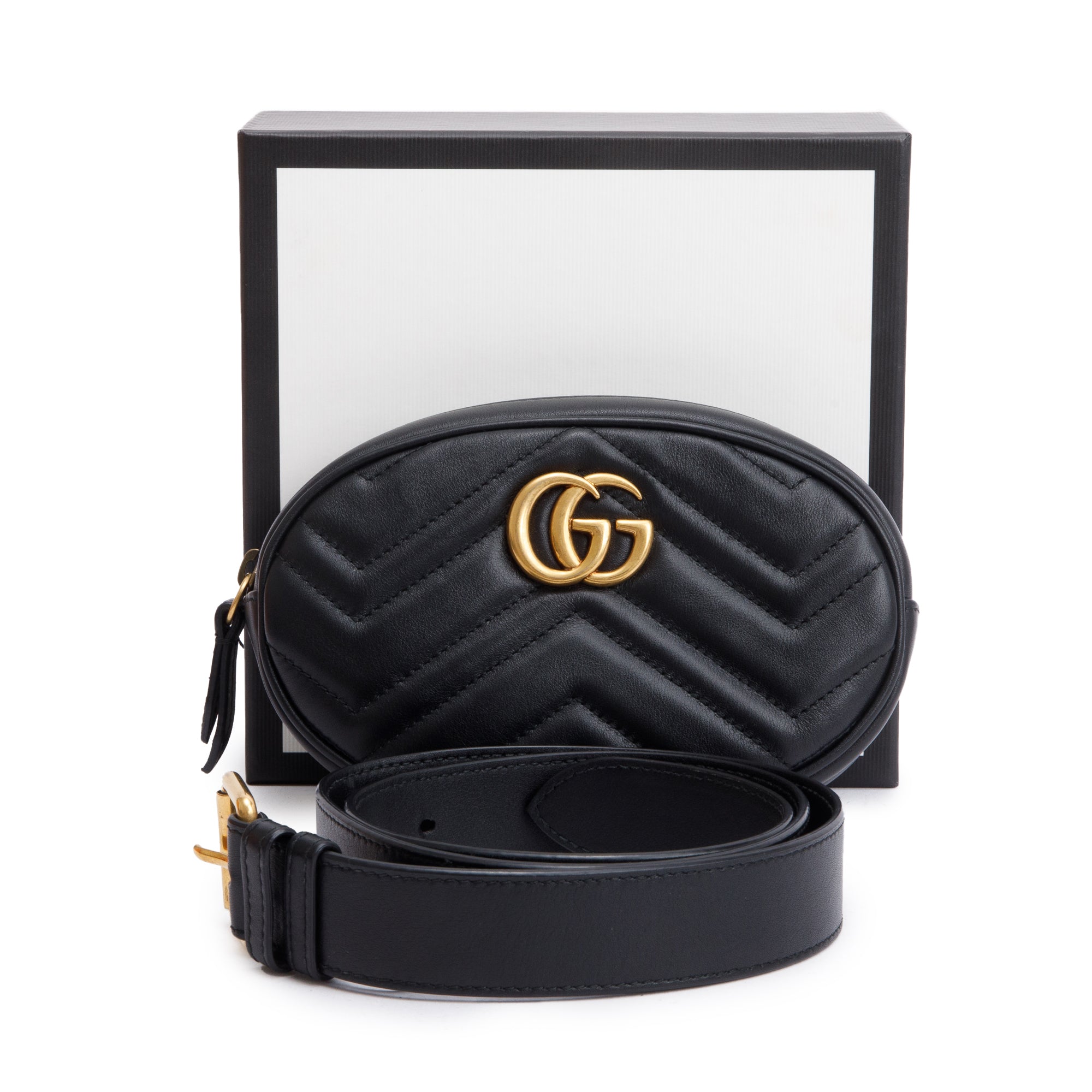Gucci Black GG Marmont Matelasse Leather Belt Bag, Size 85 34 w/ Box