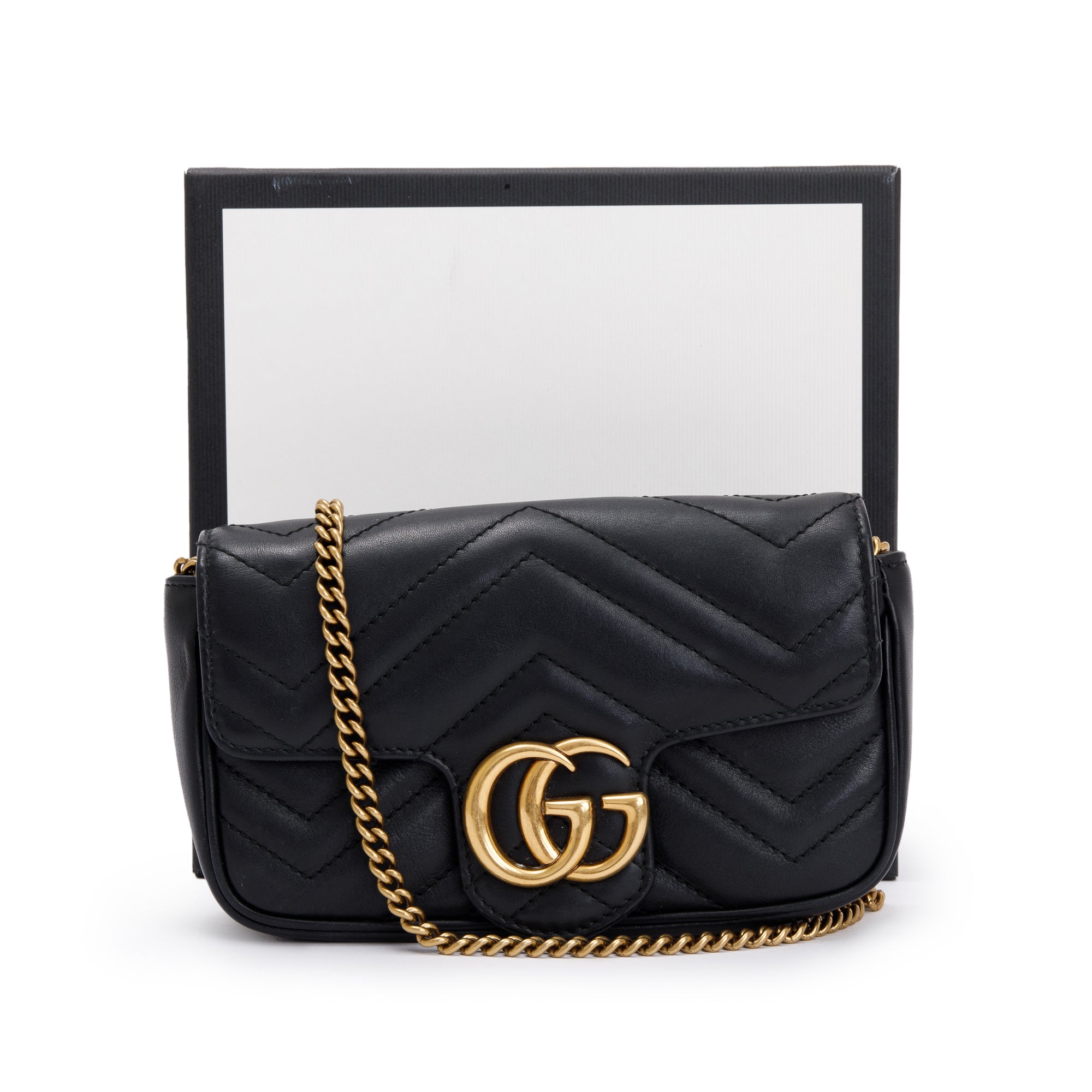 Gucci Black GG Marmont Matelasse Leather Super Mini Bag w/ Box