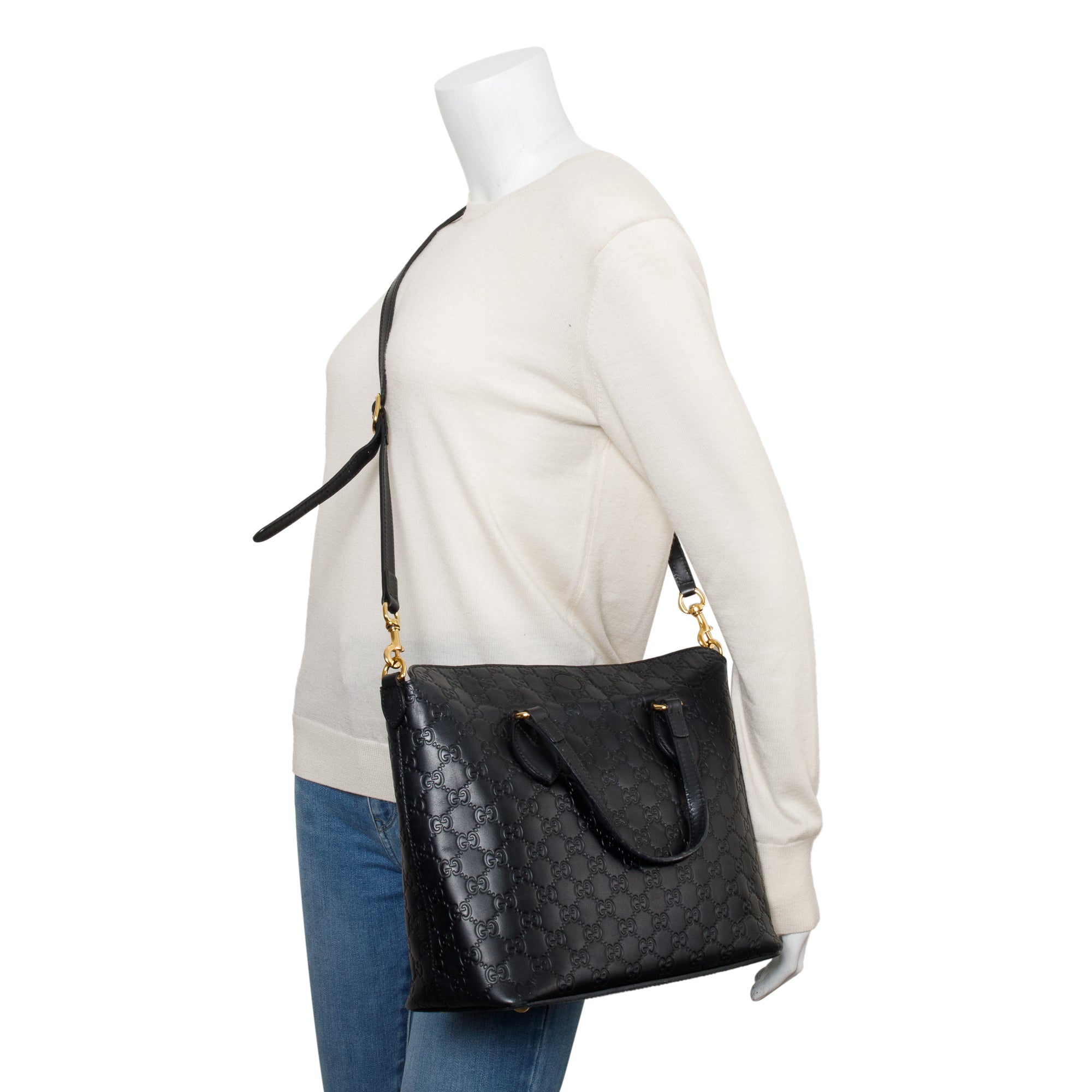 Gucci Black GG Signature Leather Linea A Foldover Tote w/ Strap