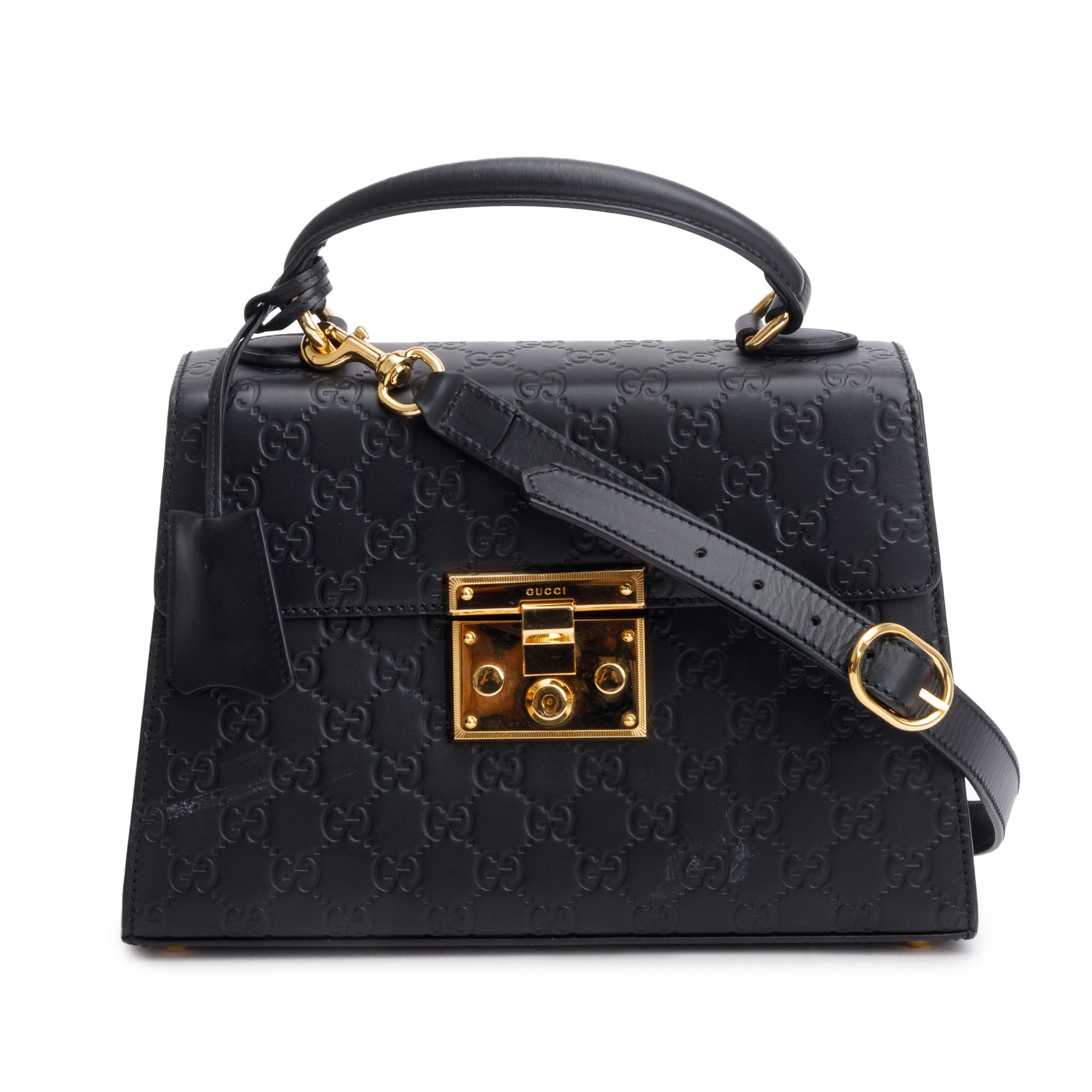 Gucci Black GG Signature Leather Small Padlock Top Bag w/ Strap