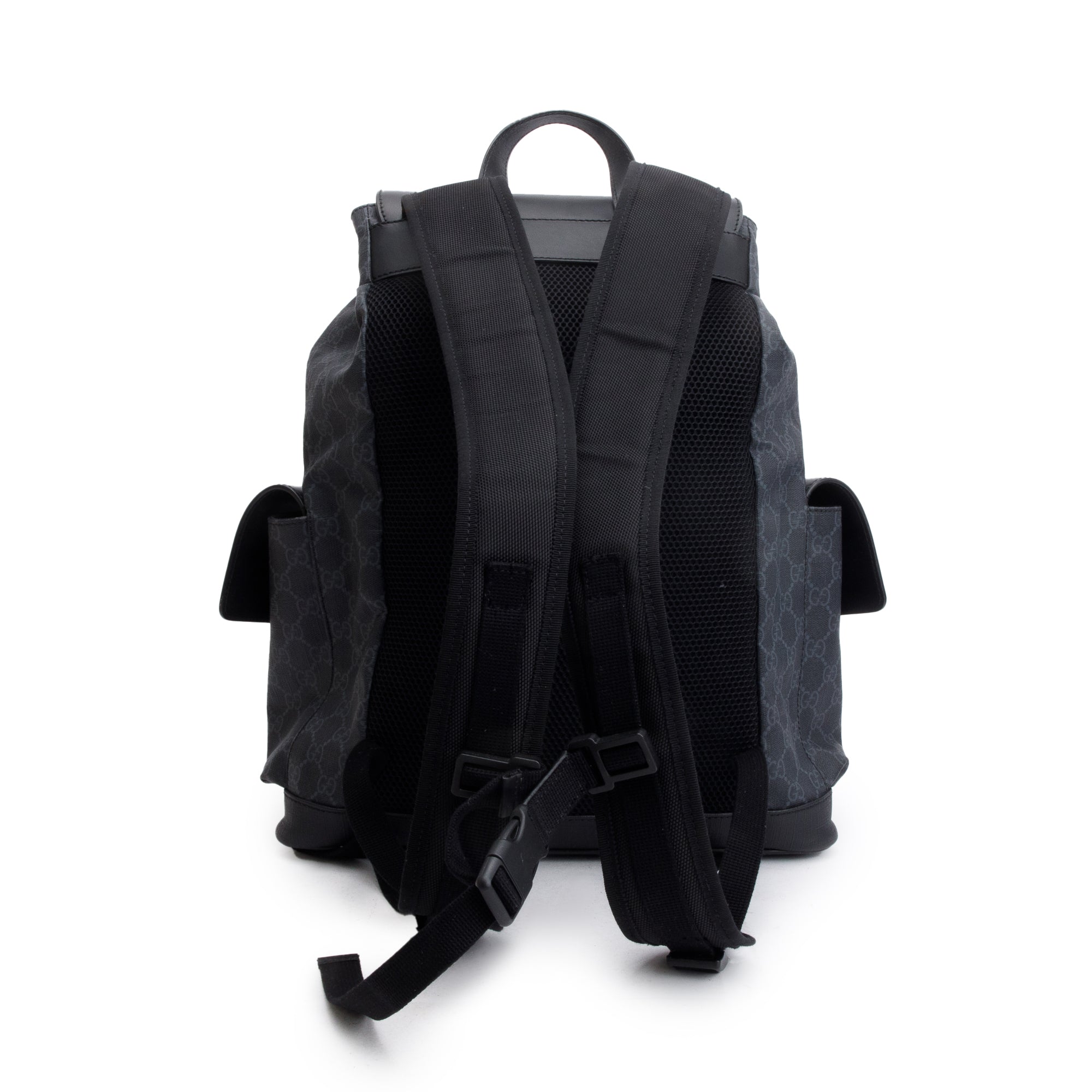 Gucci Black GG Supreme Double Buckle Backpack