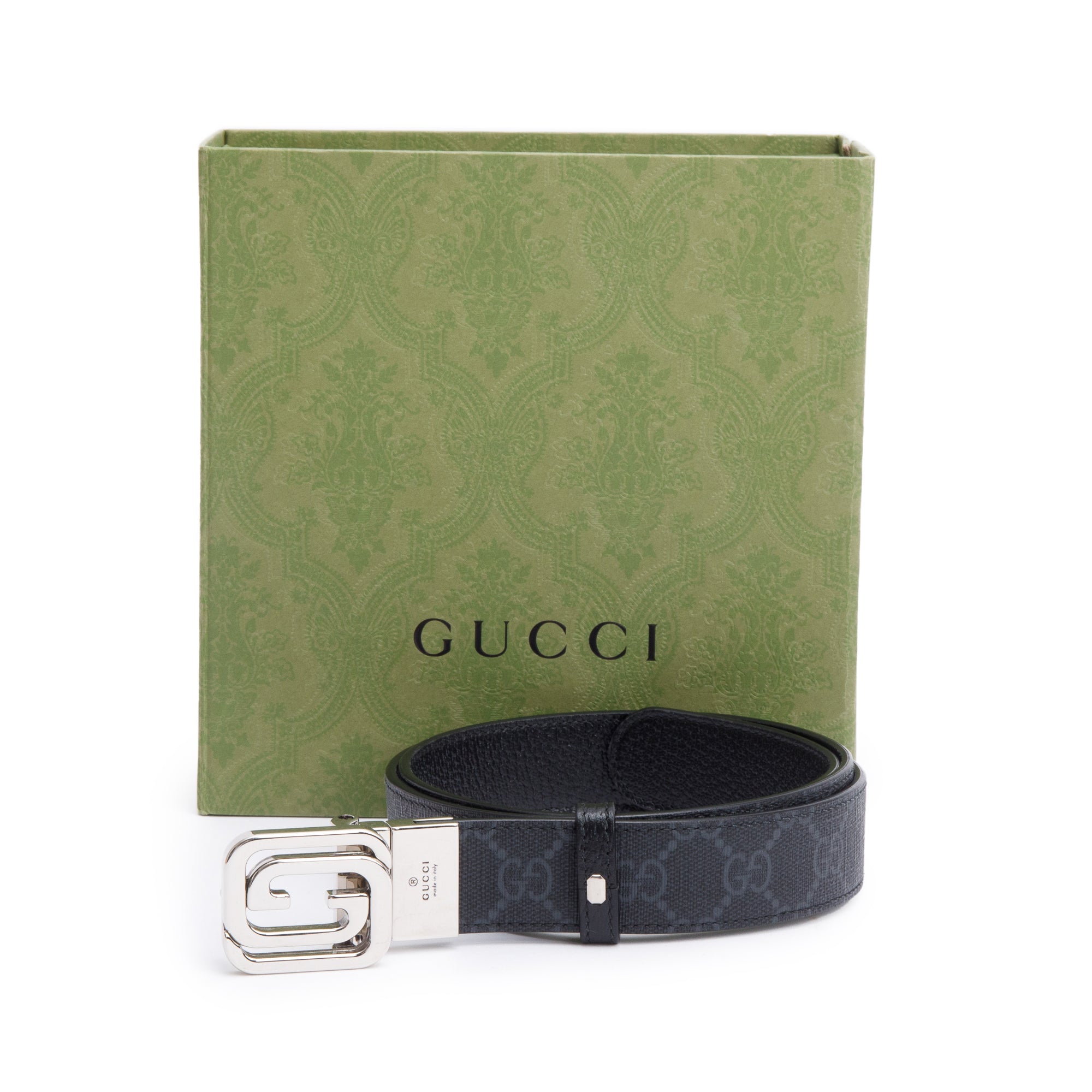 Gucci Black GG Supreme Leather Reversible Belt with Square Interlocking G Buckle, 90 36 w/ Box