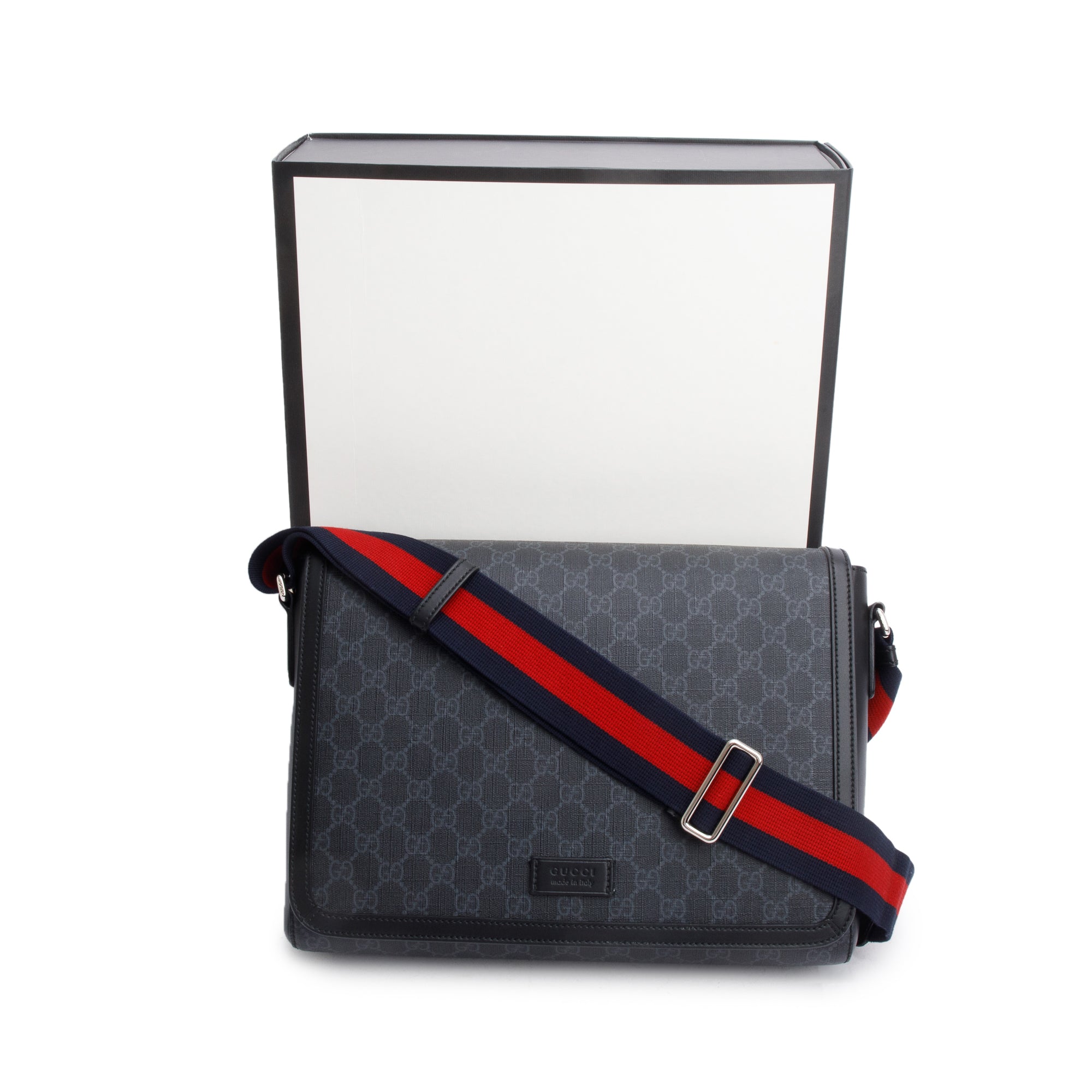 Gucci Black GG Supreme Messenger Flap Bag w/ Box