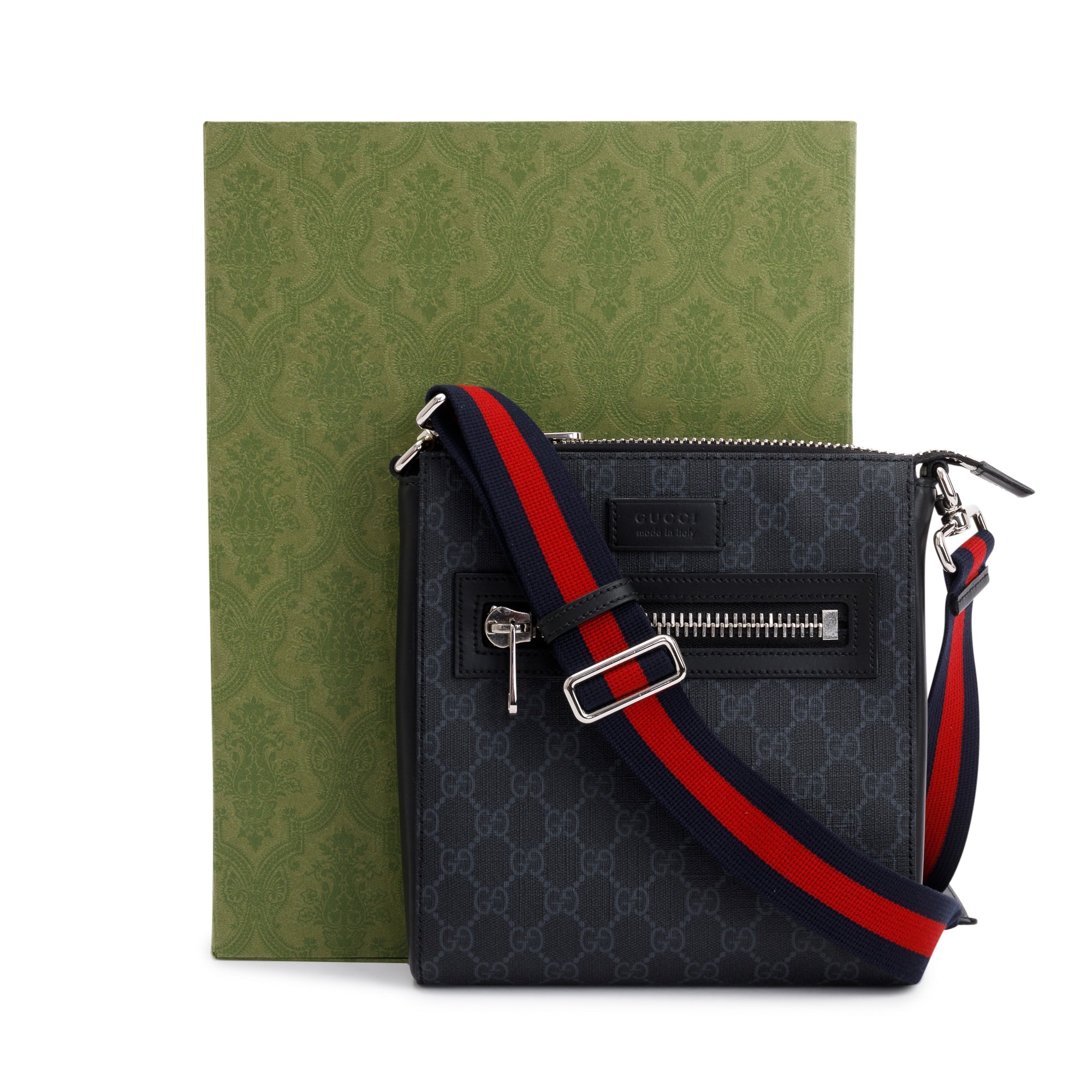 Gucci Black GG Supreme Monogram Web Flat Small Messenger Bag w/ Box