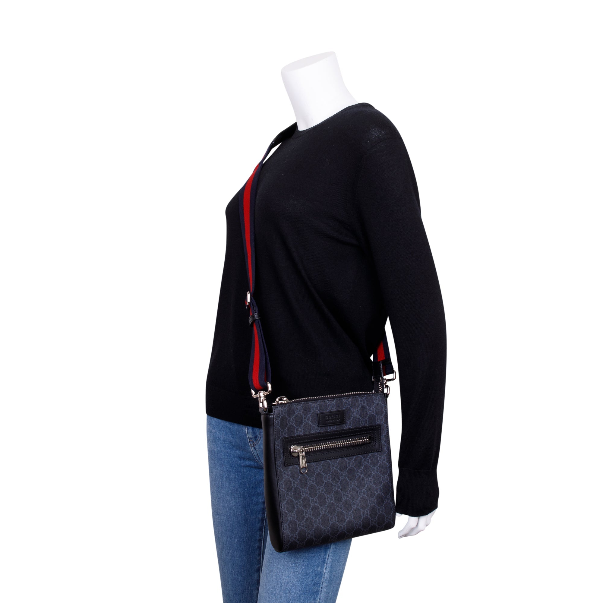 Gucci Black GG Supreme Monogram Web Flat Small Messenger Bag w/ Box