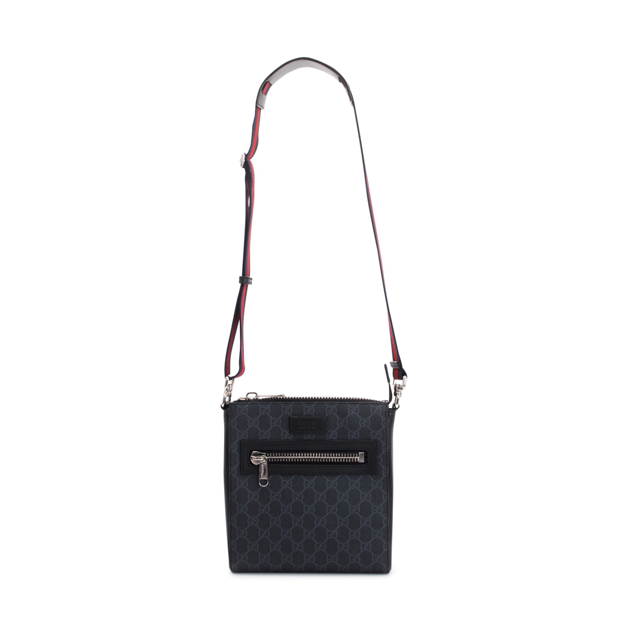 Gucci Black GG Supreme Monogram Web Flat Small Messenger Bag w/ Box