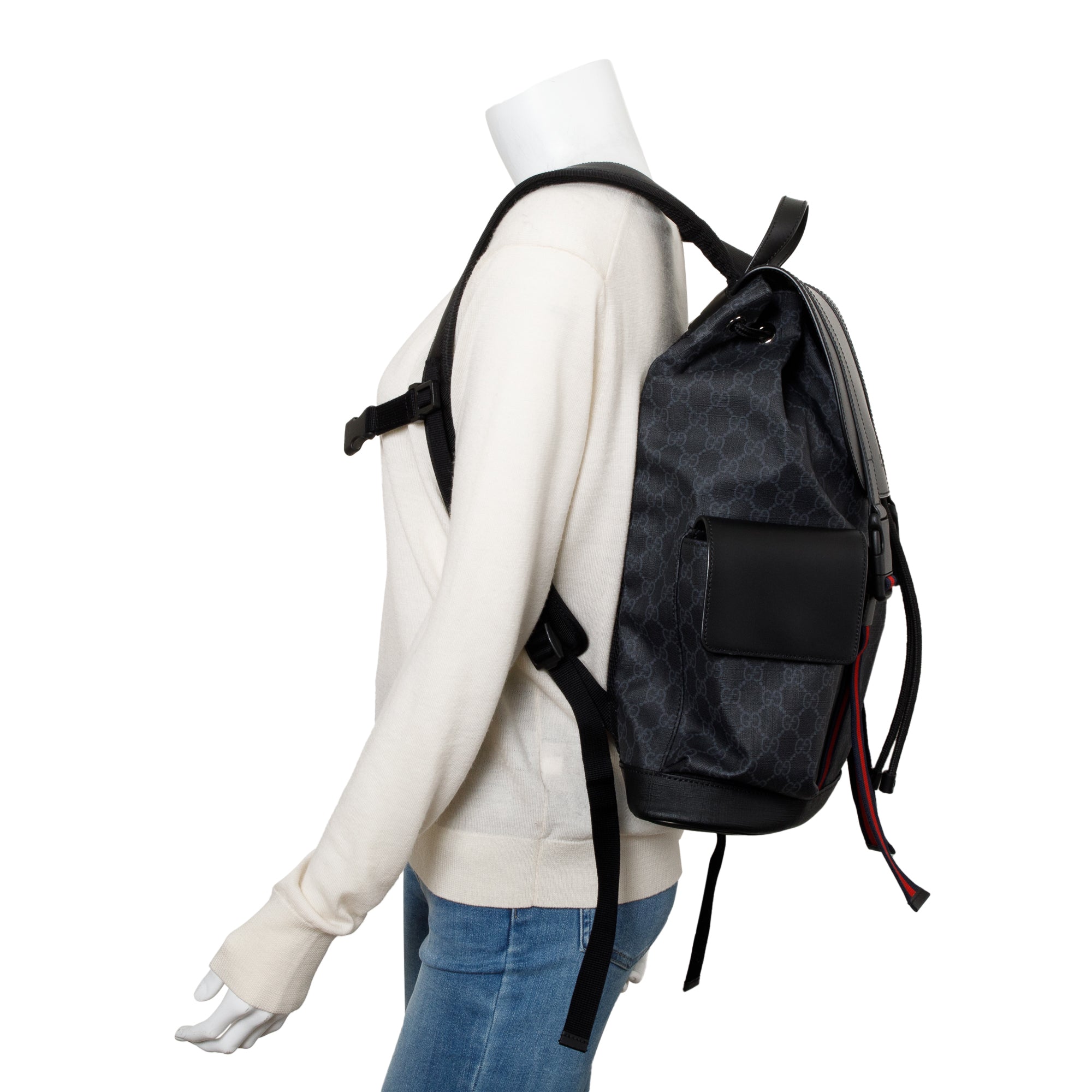 Gucci Black GG Supreme Soft Double Buckle Backpack