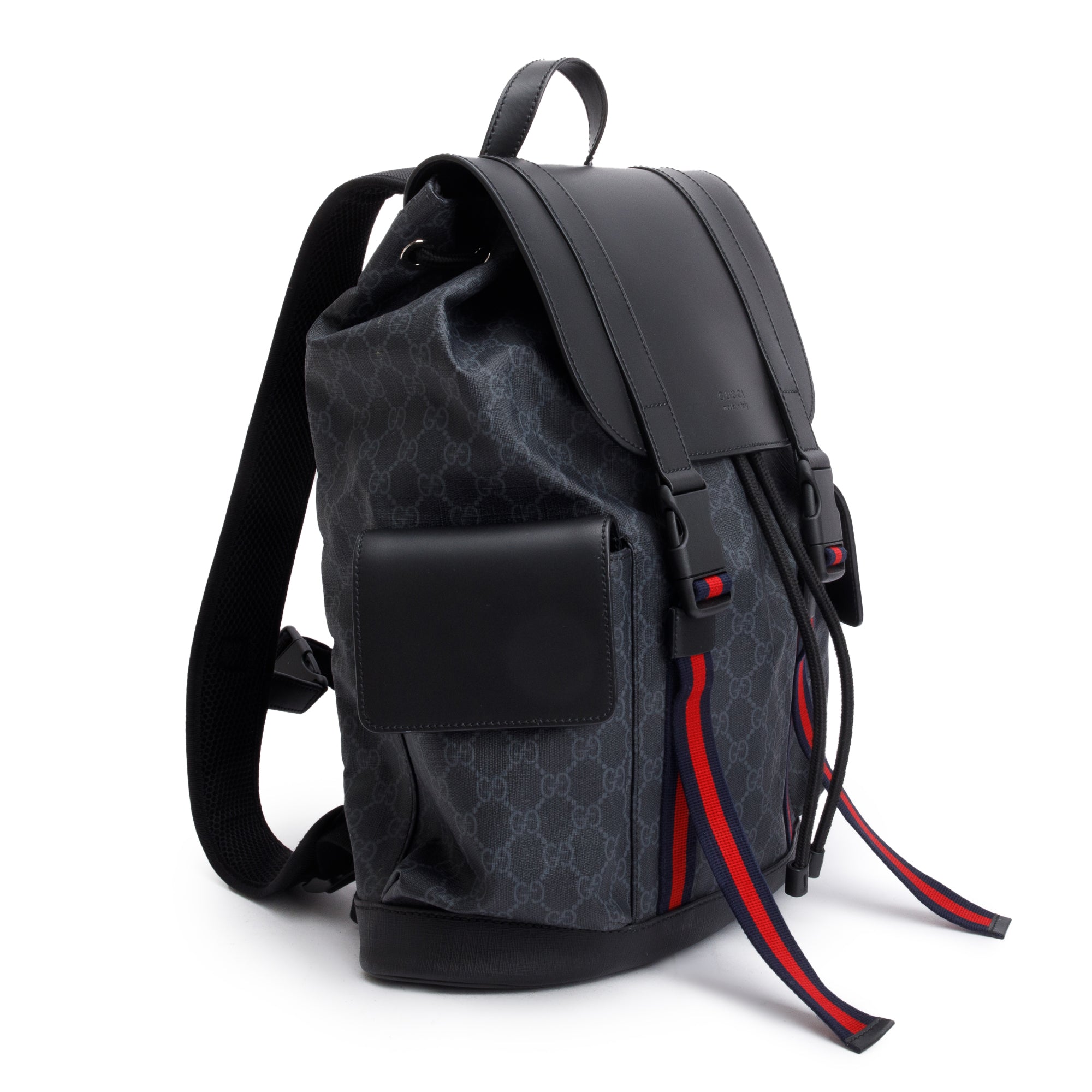 Gucci Black GG Supreme Soft Double Buckle Backpack