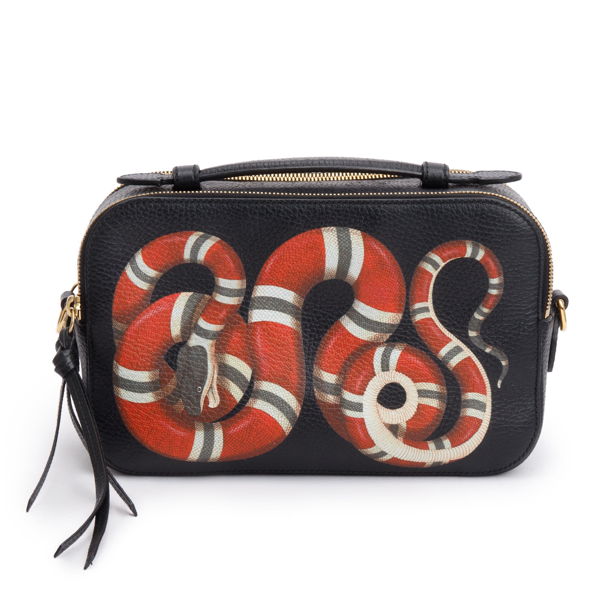 Gucci Black Grained Calfskin Leather Sylvie Web Kingsnake Small Camera Bag w/ Strap