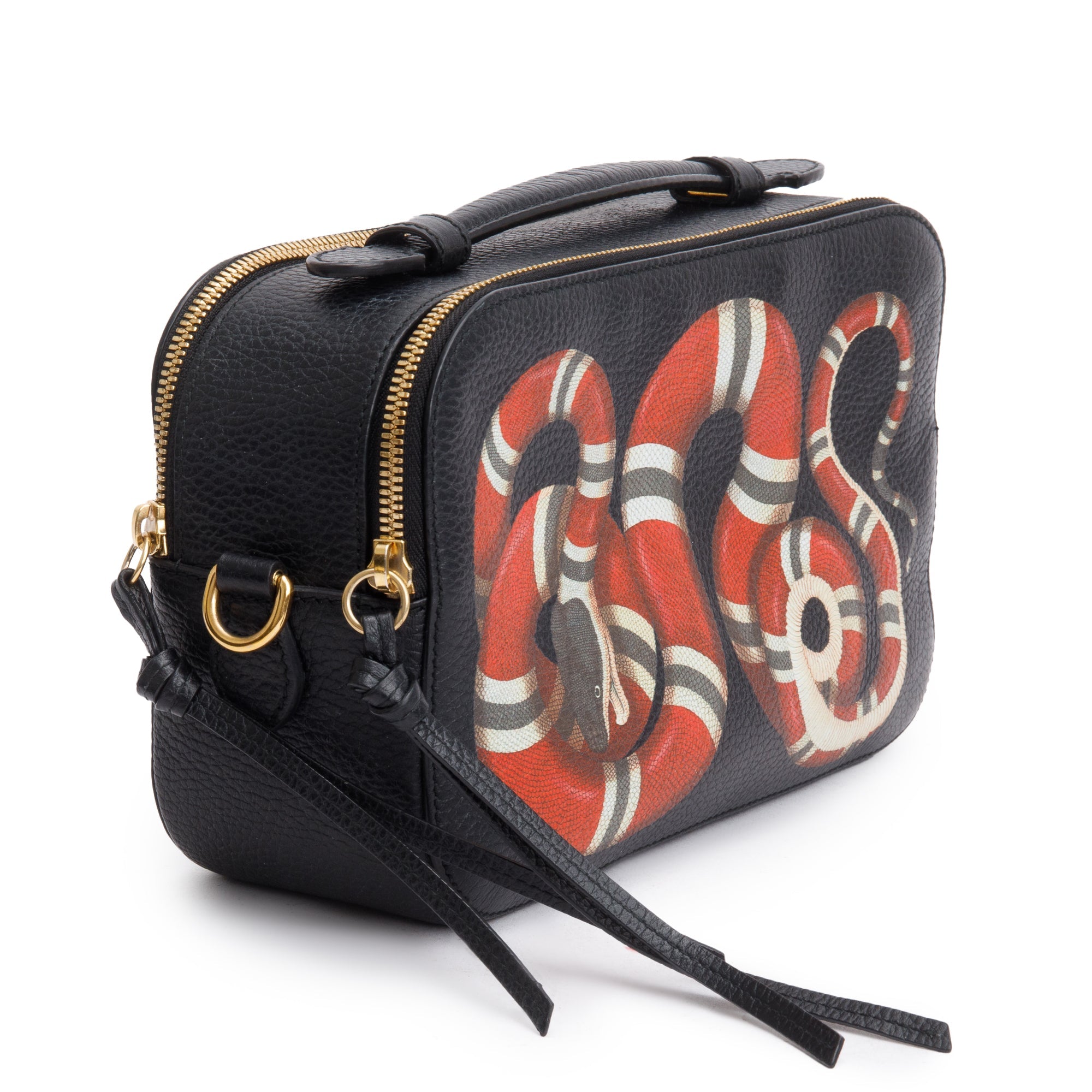 Gucci Black Grained Calfskin Leather Sylvie Web Kingsnake Small Camera Bag w/ Strap
