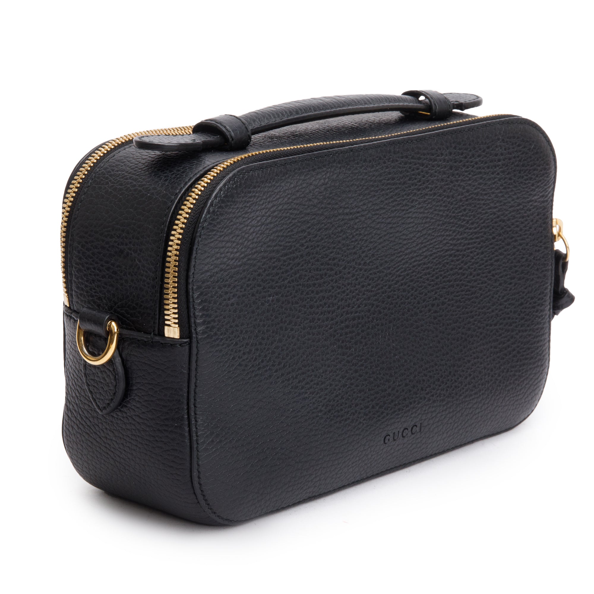 Gucci Black Grained Calfskin Leather Sylvie Web Kingsnake Small Camera Bag w/ Strap