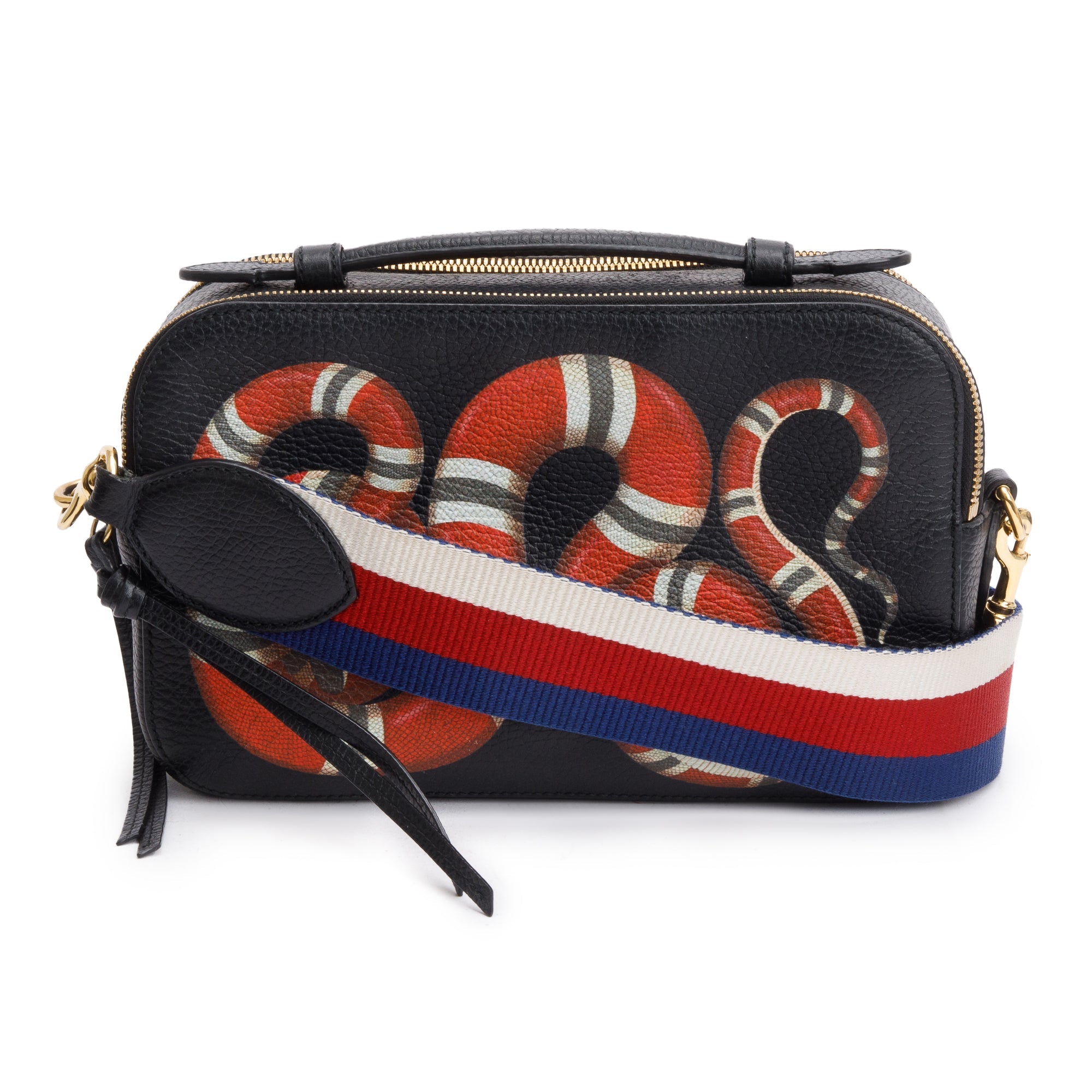 Gucci Black Grained Calfskin Leather Sylvie Web Kingsnake Small Camera Bag w/ Strap