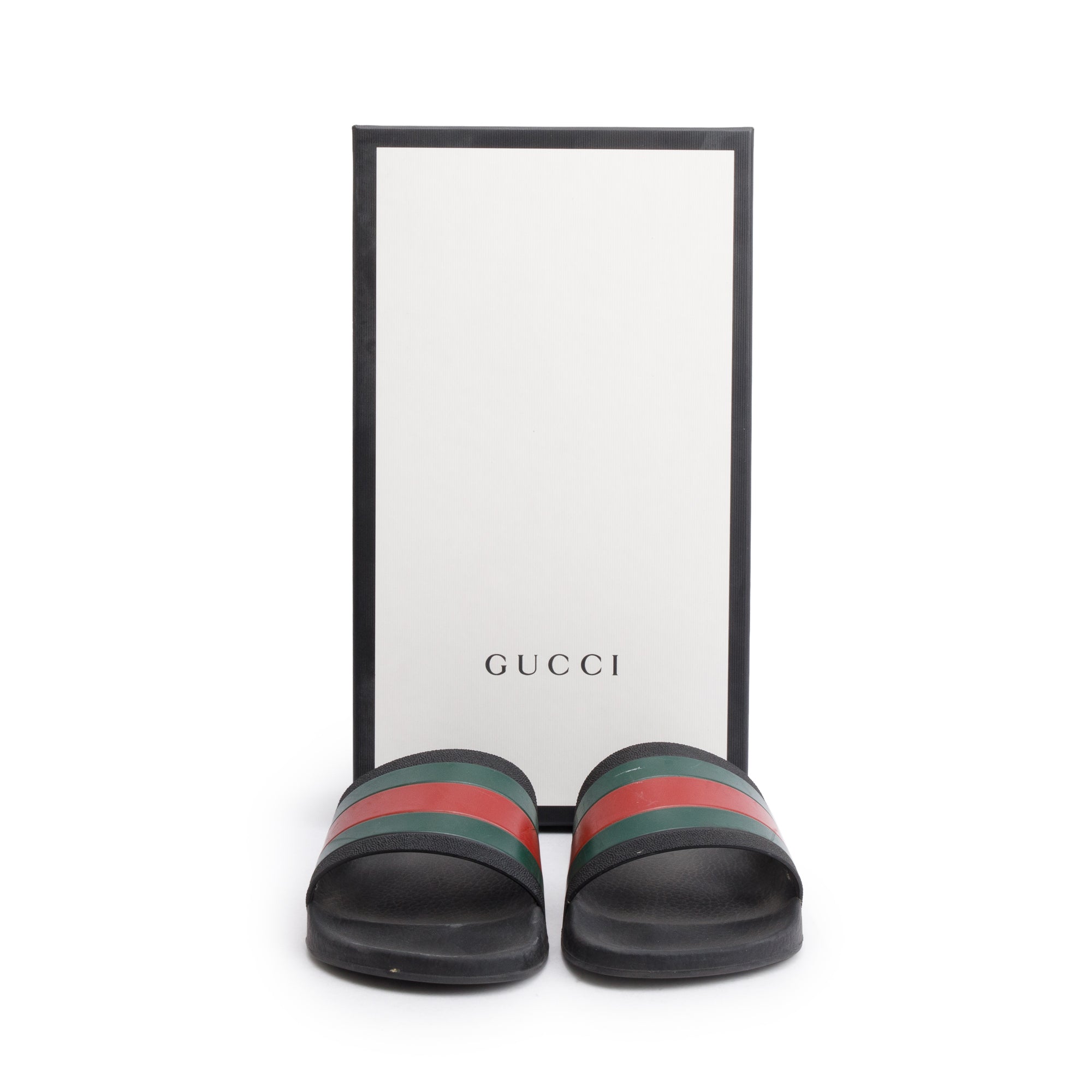 Gucci Black, Green & Red Web Accent Rubber Slides, Size 9 w/ Box