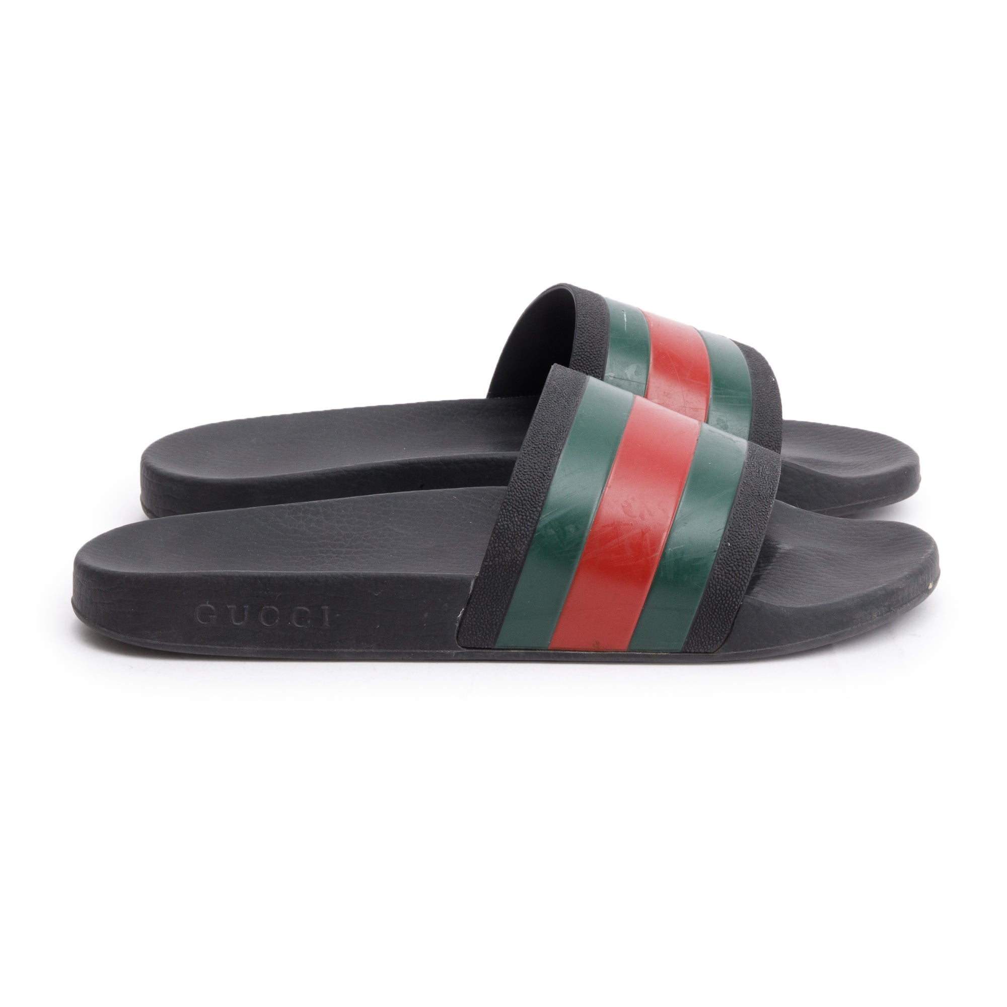 Gucci Black, Green & Red Web Accent Rubber Slides, Size 9 w/ Box