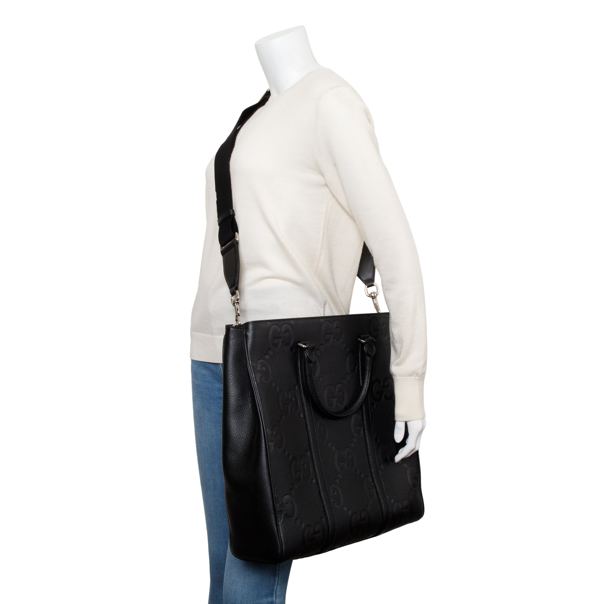 Gucci Black Jumbo GG Embossed Calfksin Leather Convertible Tote