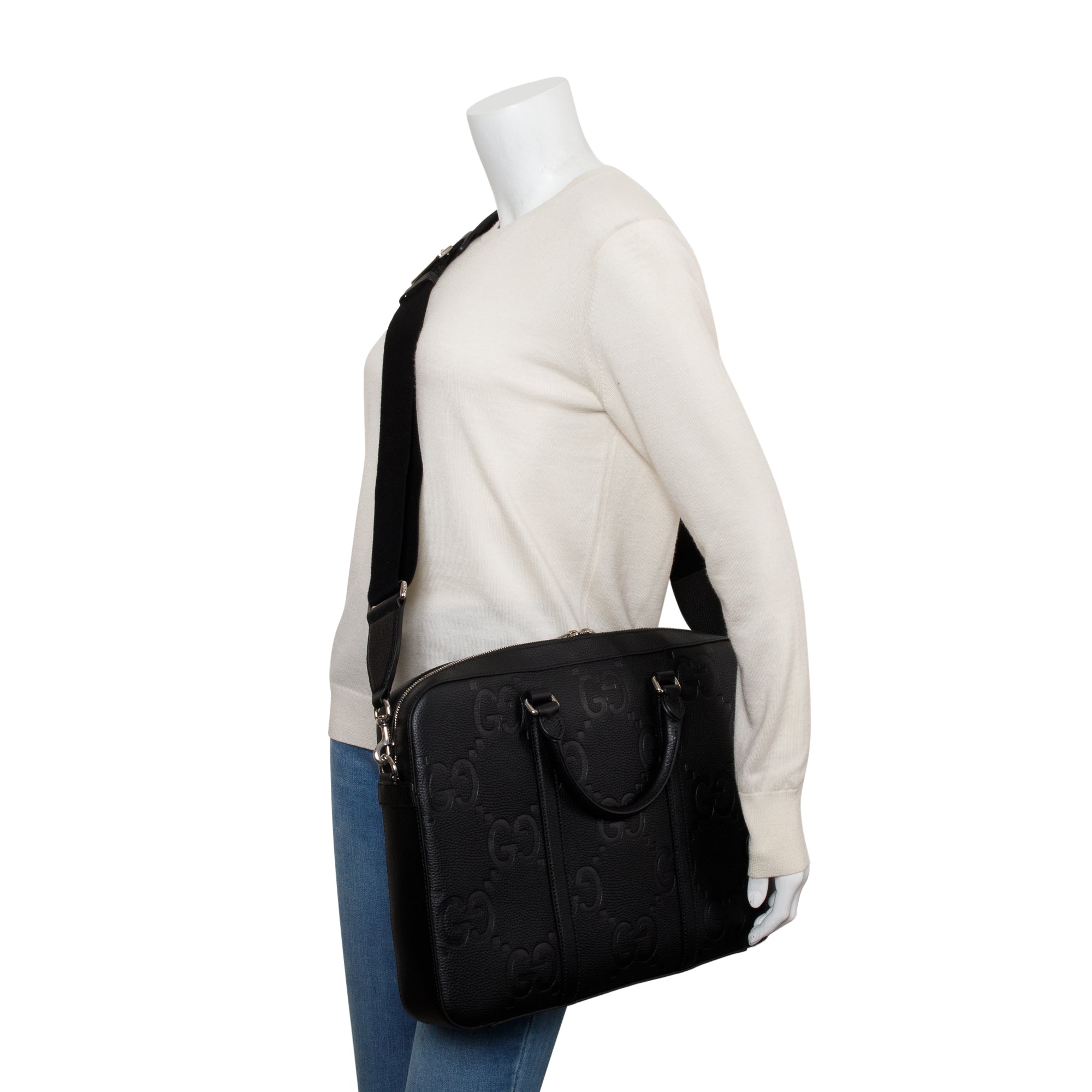 Gucci Black Jumbo GG Embossed Calfskin Leather Briefcase