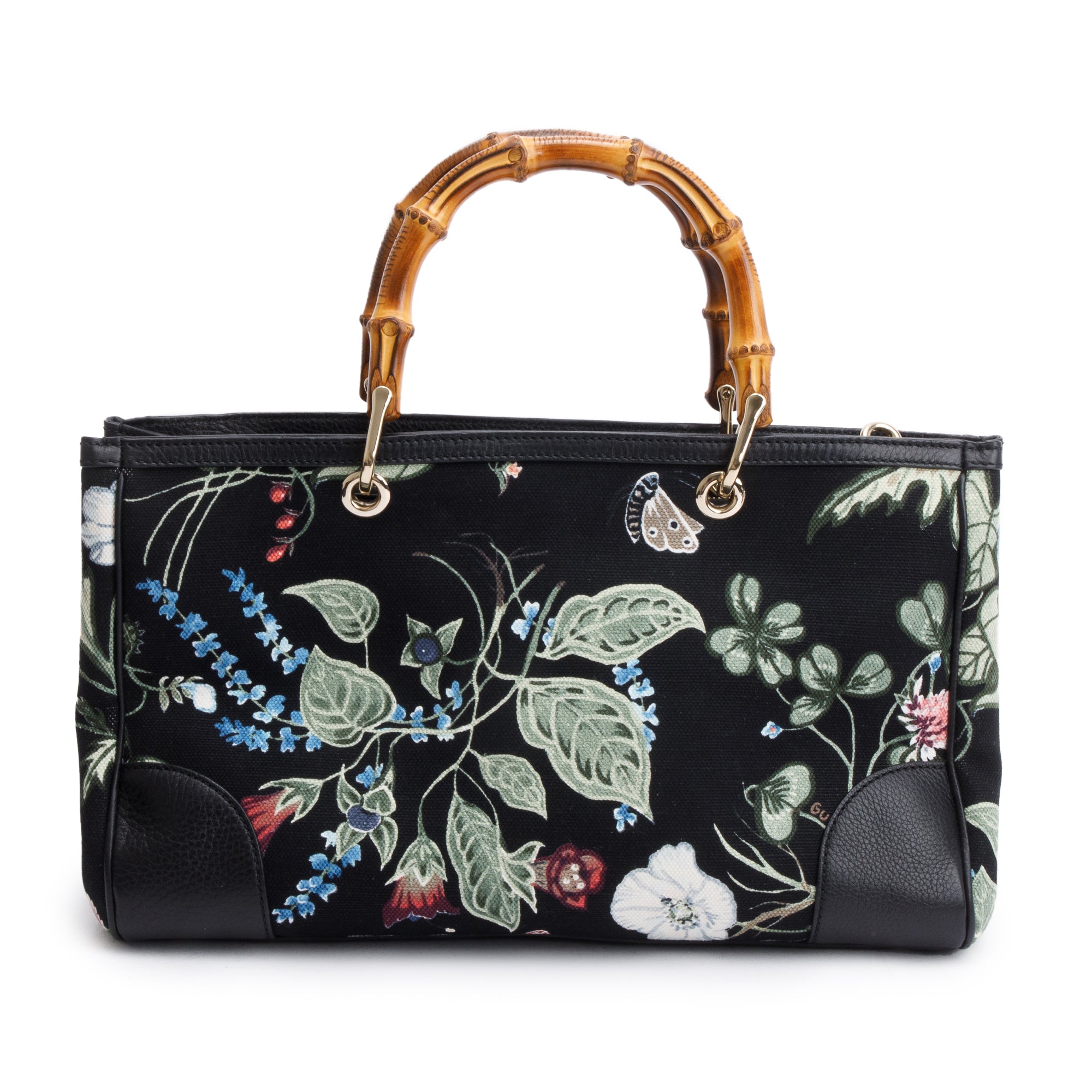 Gucci Black Knight Flora Canvas Medium Bamboo Shopper Tote w/ Strap