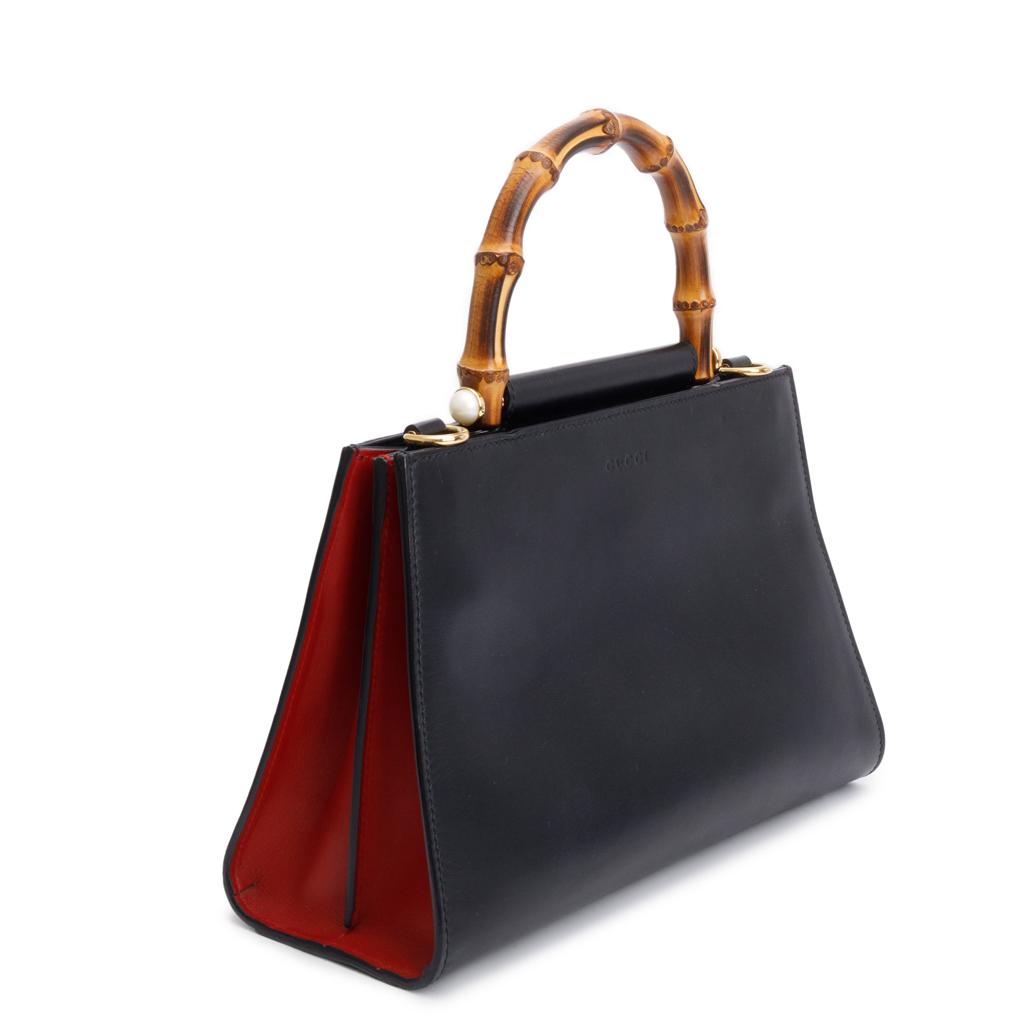 Gucci Black Leather Bamboo Small Nymphaea Handle Bag w/ Strap