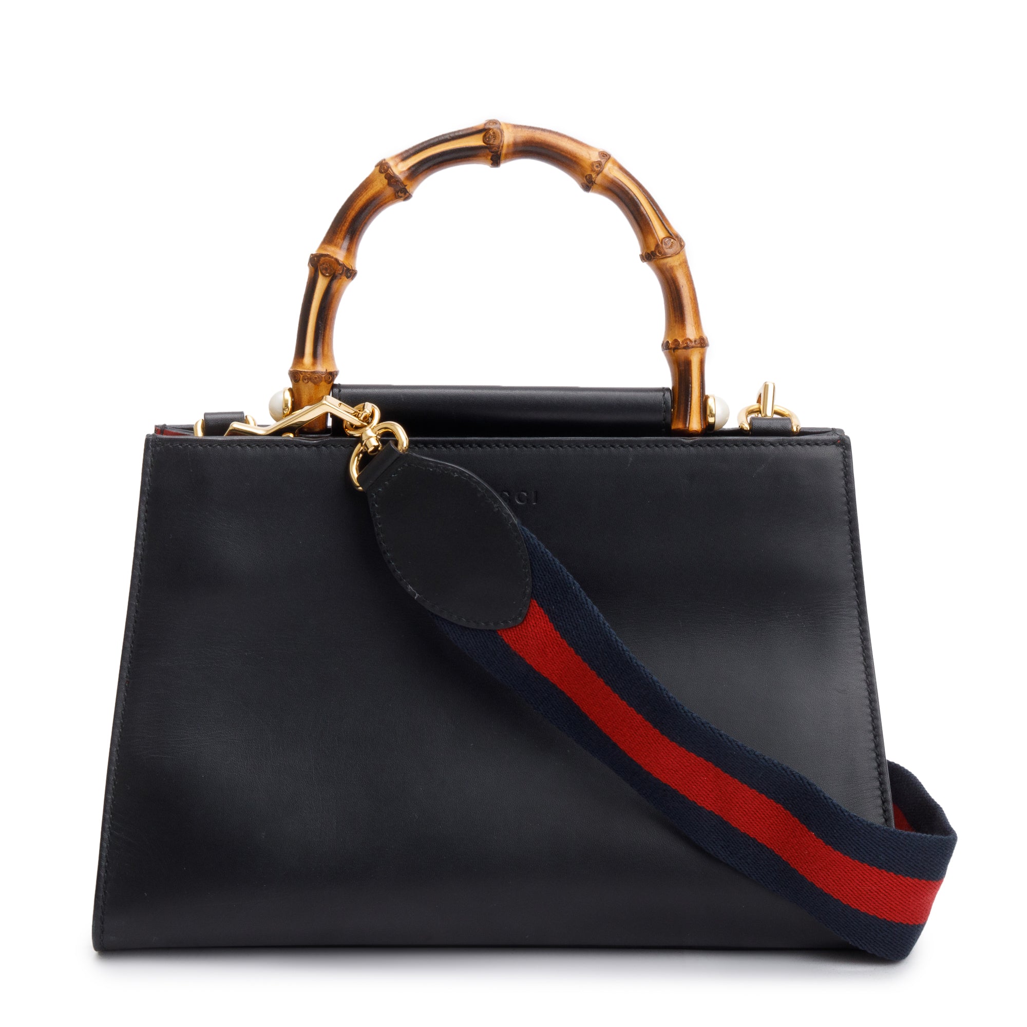 Gucci Black Leather Bamboo Small Nymphaea Handle Bag w/ Strap