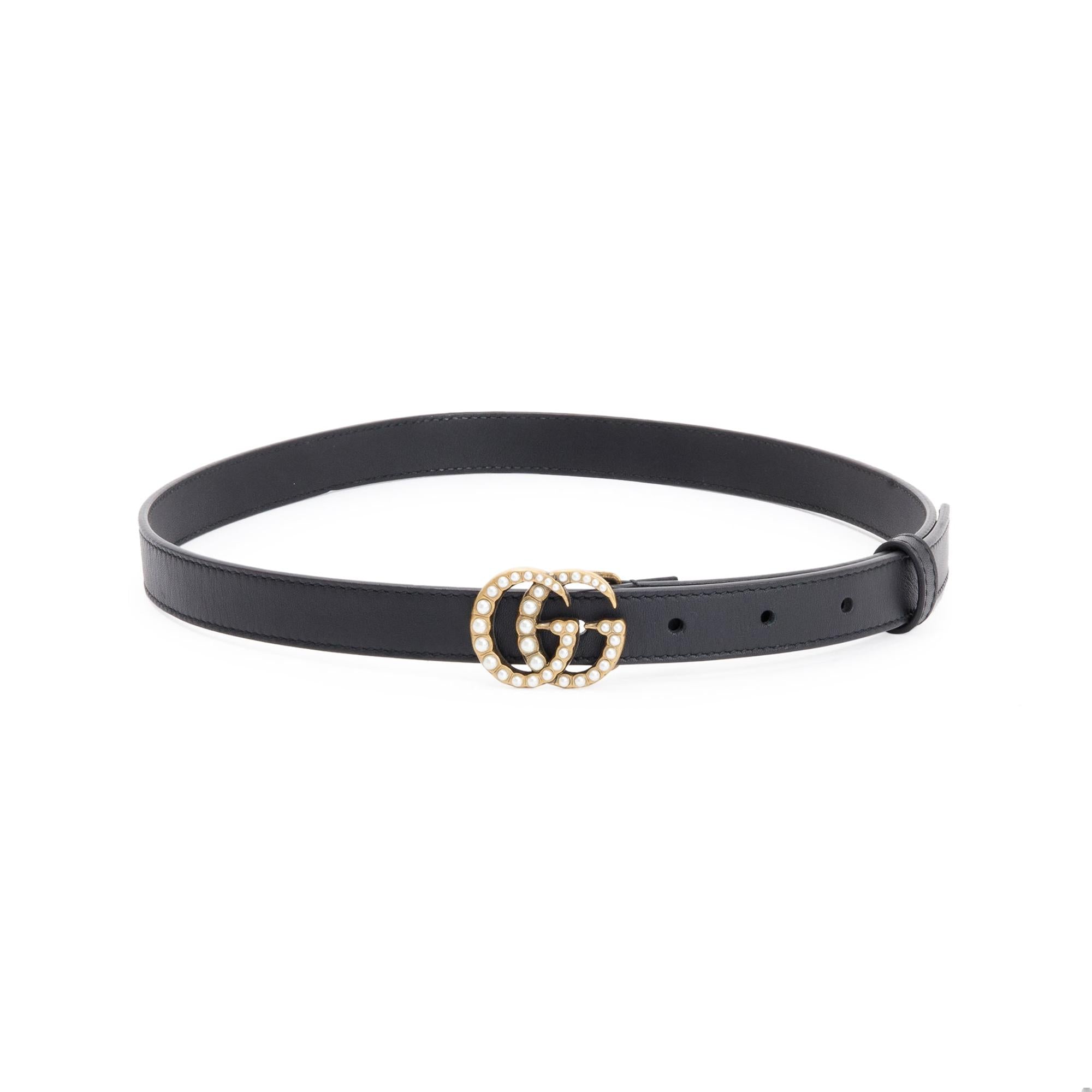 Gucci Black Leather Belt with Pearl Double G Buckle