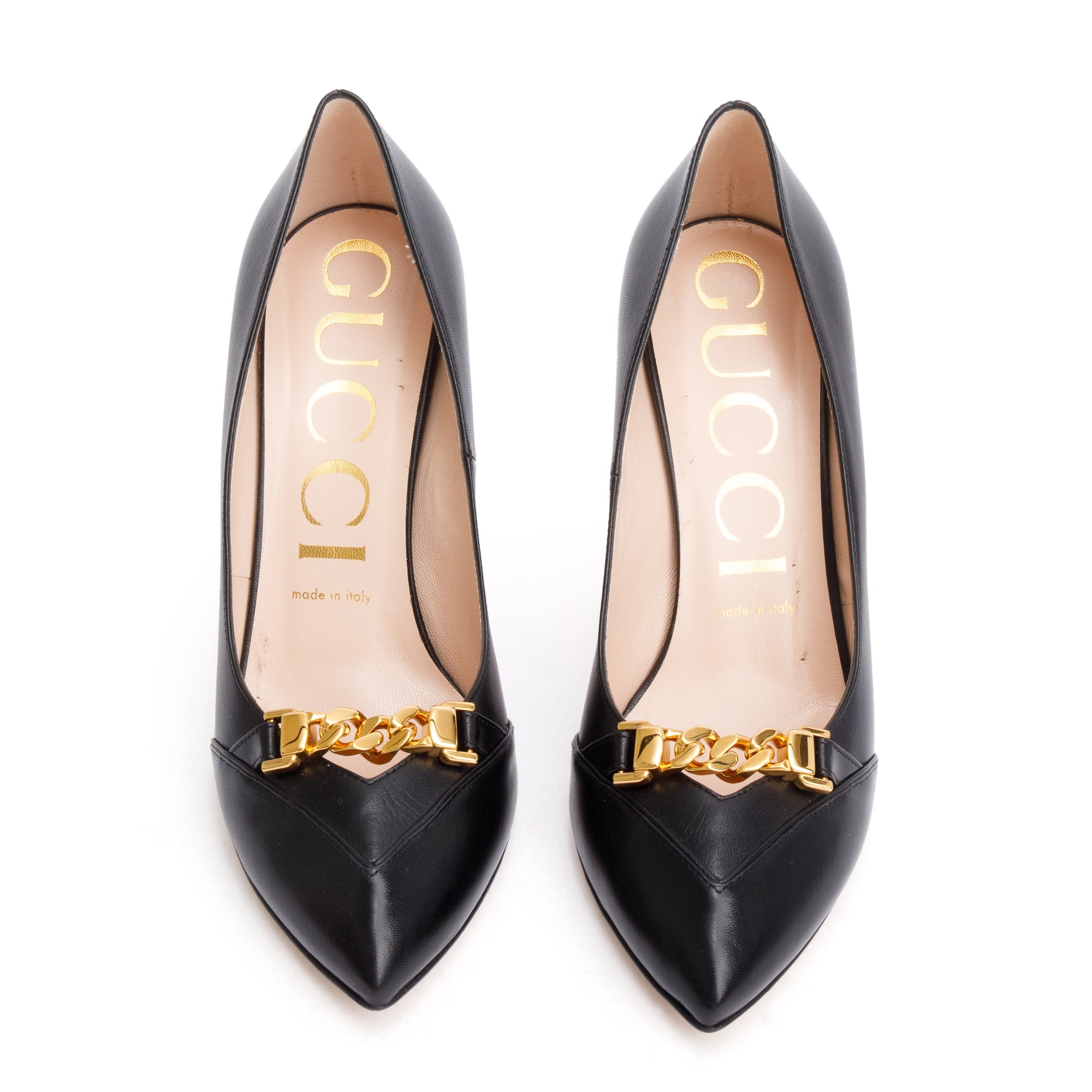 Gucci Black Leather Chain Link Accent Pumps, Size 38 w/ Box
