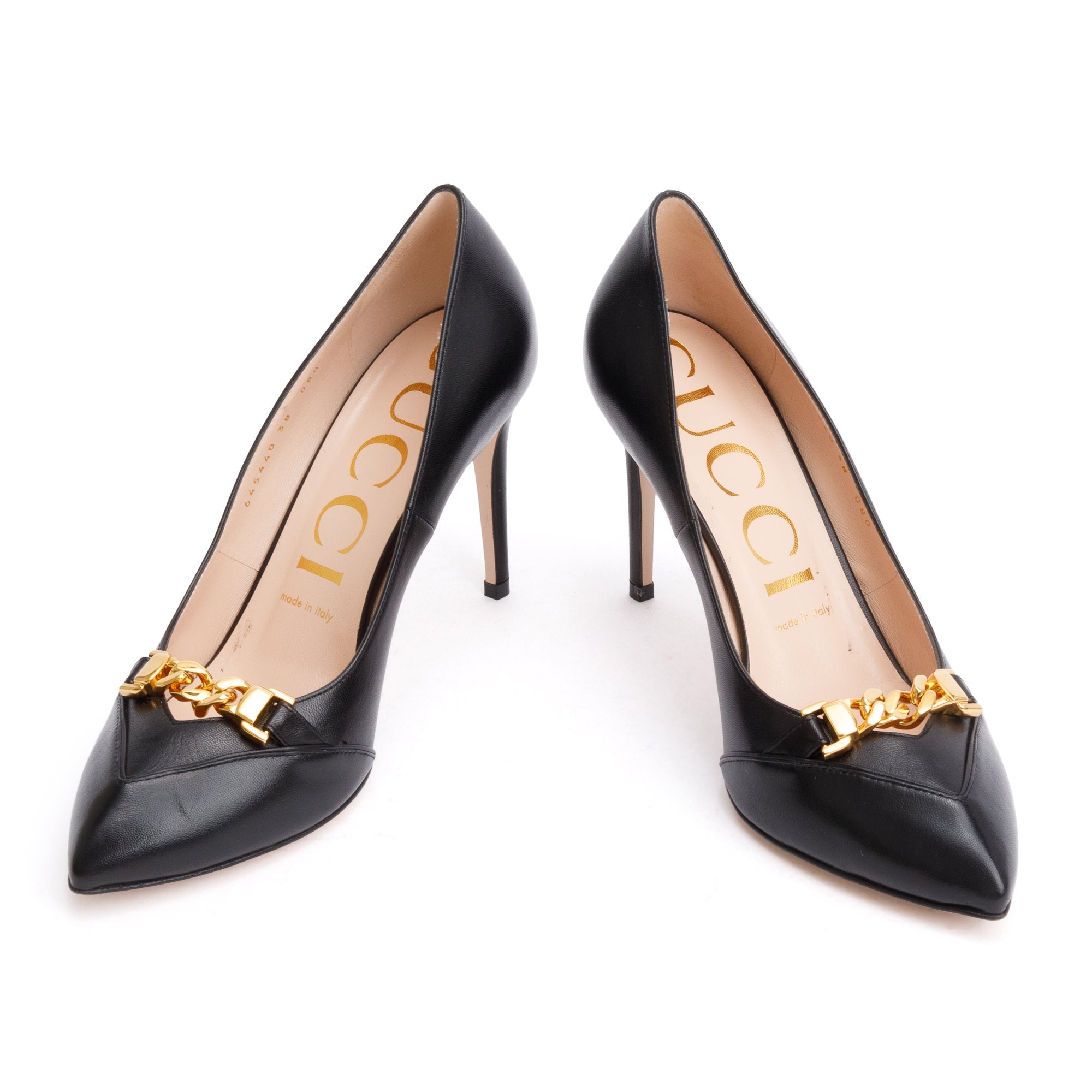 Gucci Black Leather Chain Link Accent Pumps, Size 38 w/ Box