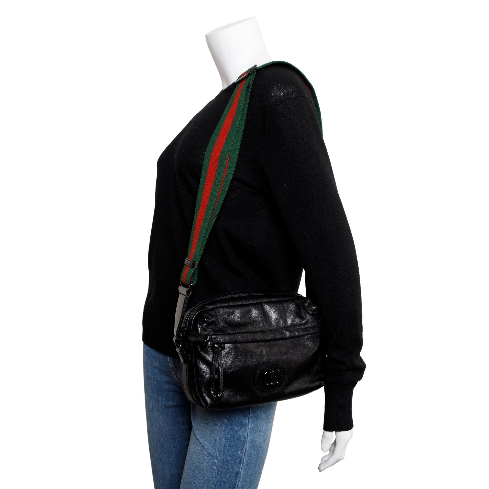 Gucci Black Leather Crossbody Bag With Tonal Double G