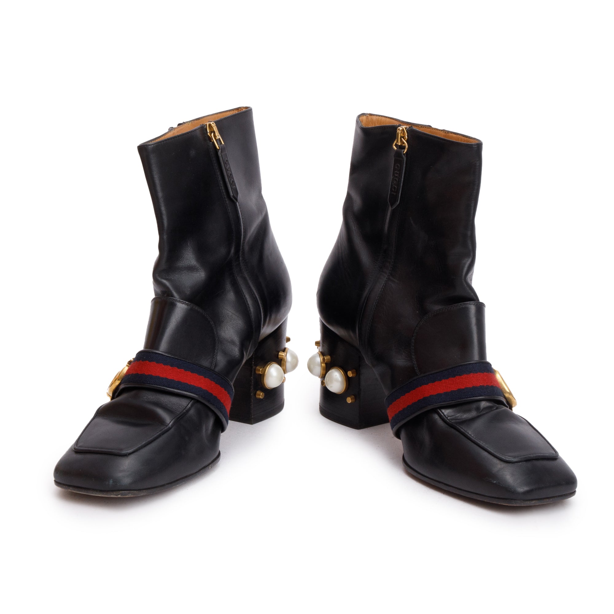 Gucci Black Leather Faux Pearl Accent GG Web Boots, Size 40