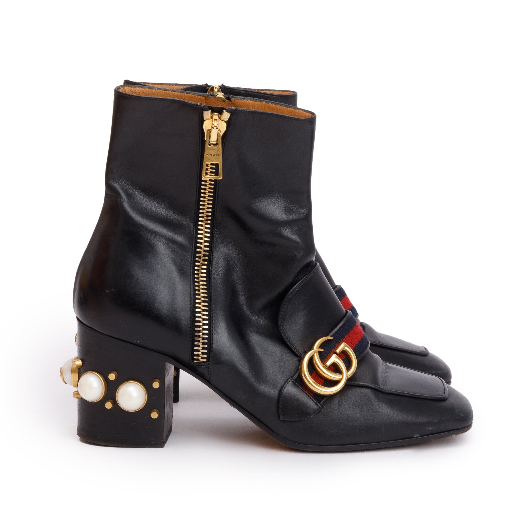Gucci Black Leather Faux Pearl Accent GG Web Boots, Size 40