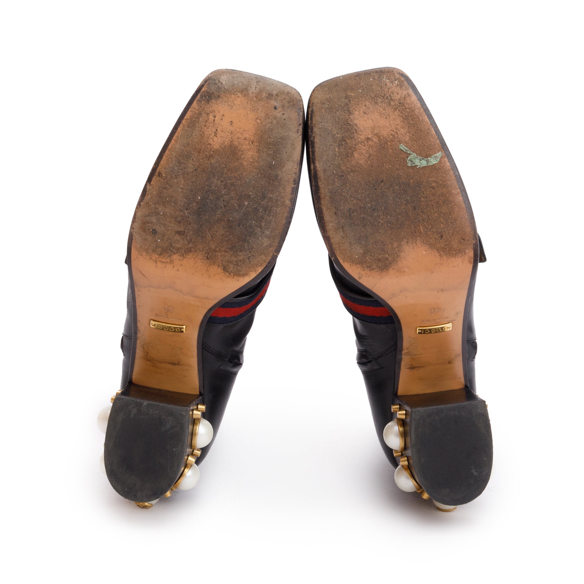 Gucci Black Leather Faux Pearl Accent GG Web Boots, Size 40