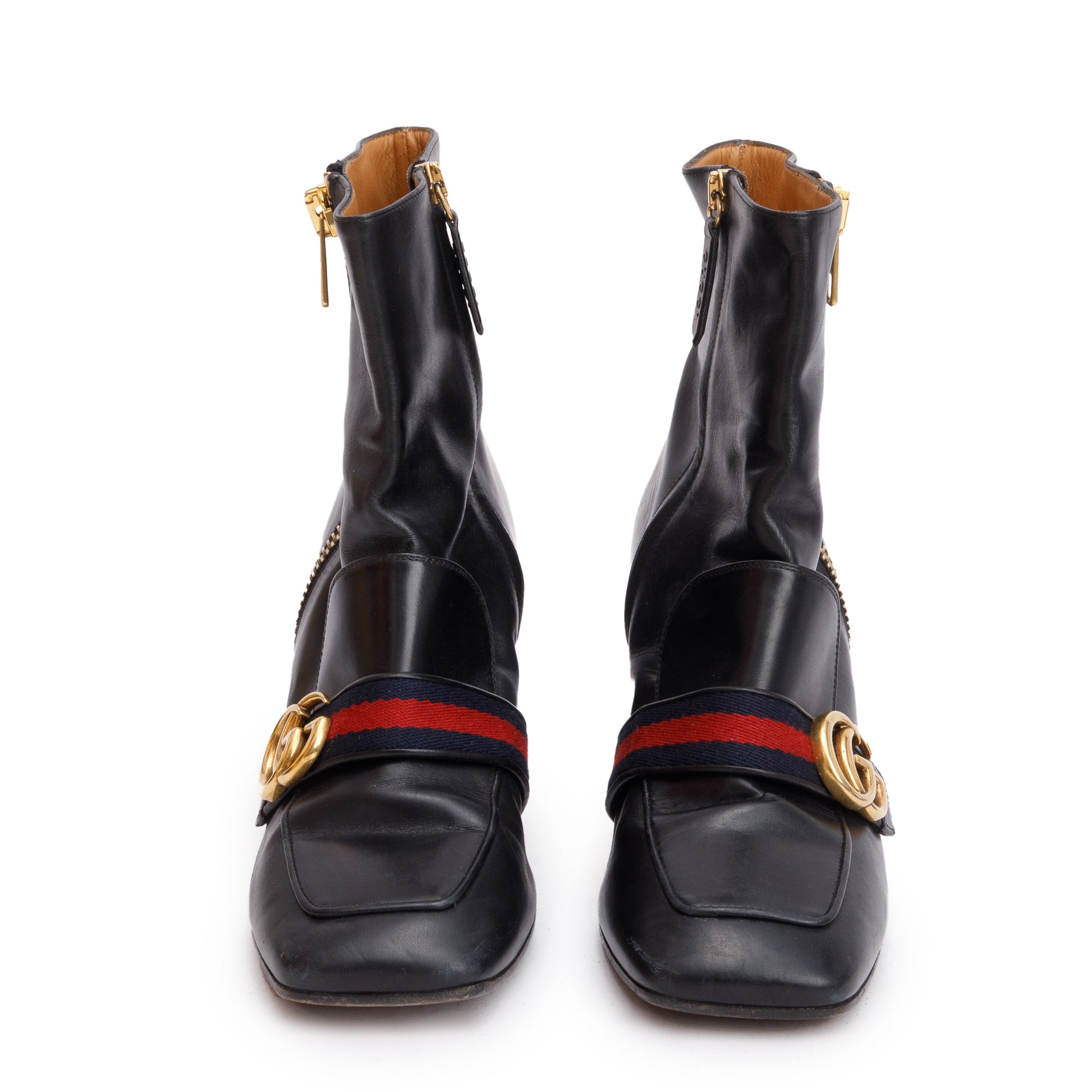 Gucci Black Leather Faux Pearl Accent GG Web Boots, Size 40