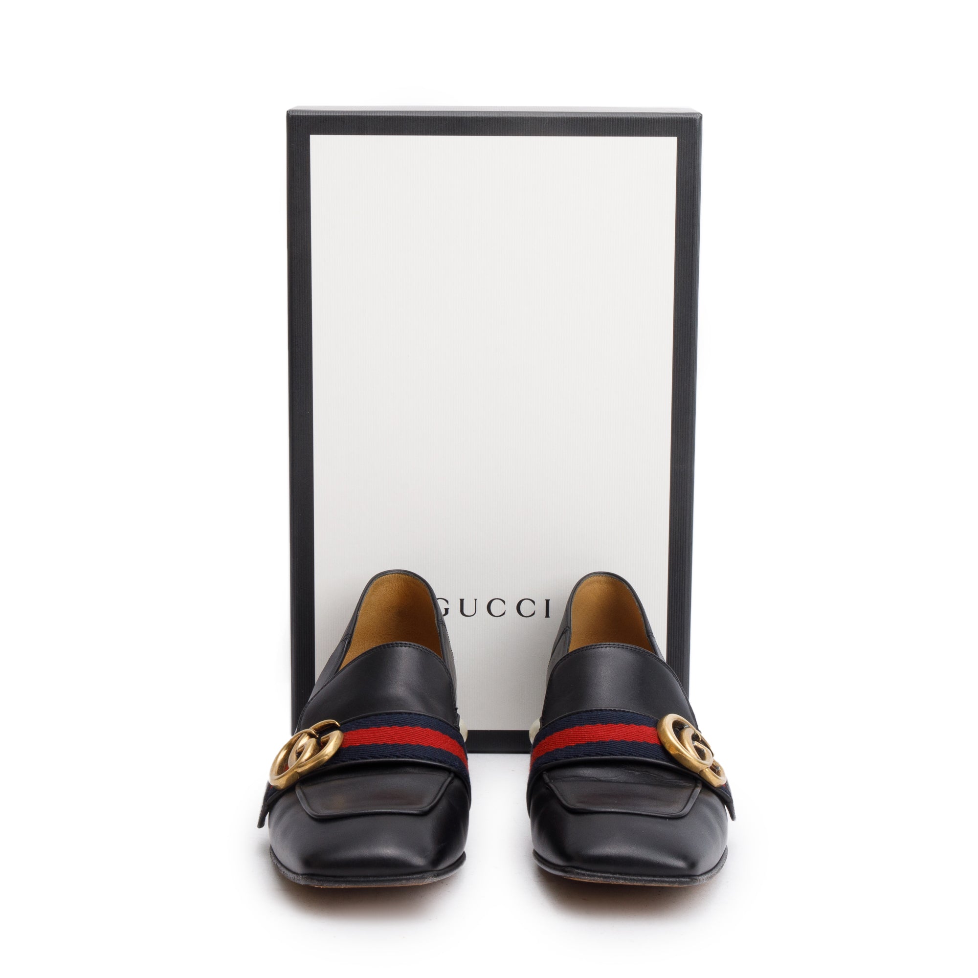 Gucci Black Leather Faux Pearl Studded Accent GG Peyton Web Pumps, Size 37.5 w/ Box