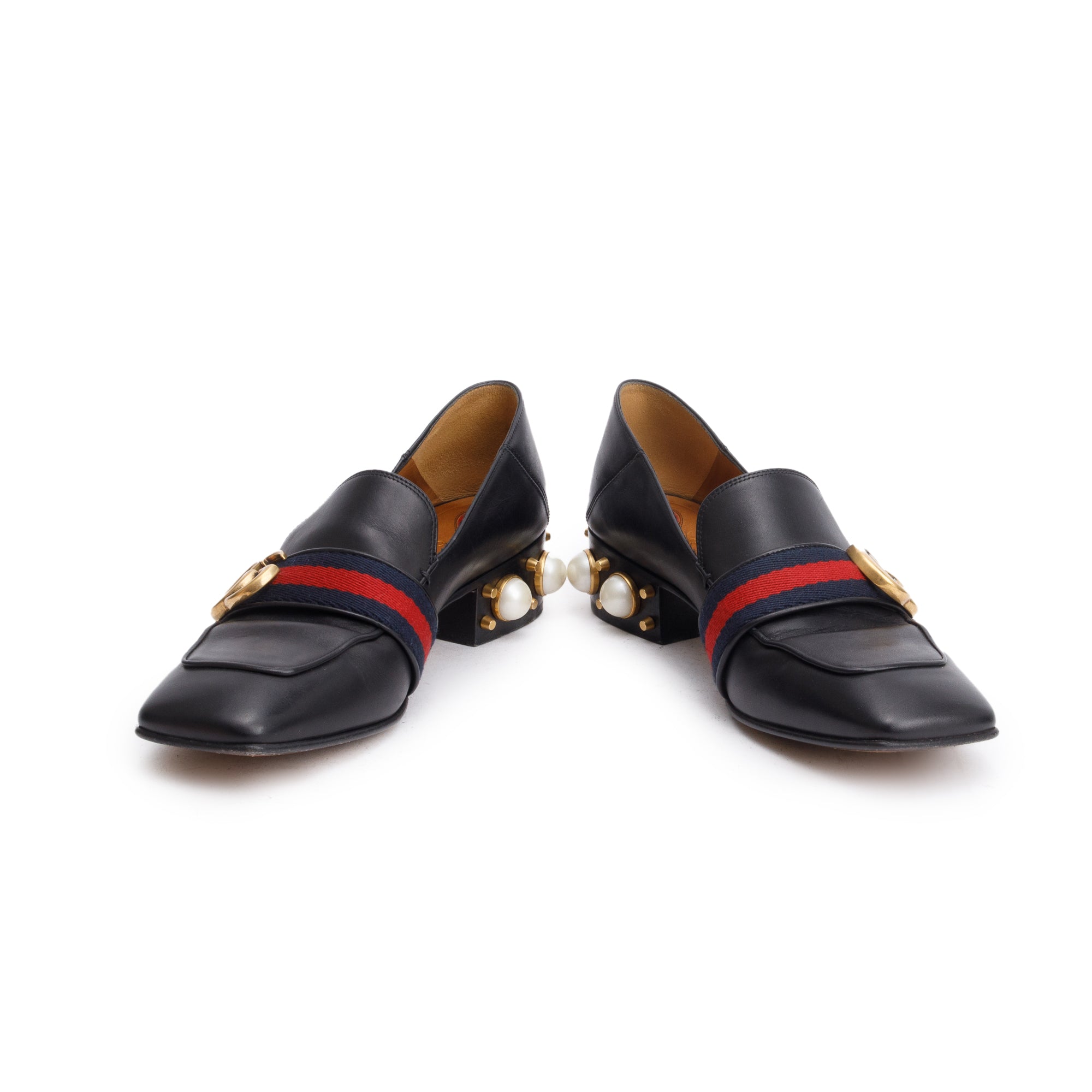 Gucci Black Leather Faux Pearl Studded Accent GG Peyton Web Pumps, Size 37.5 w/ Box