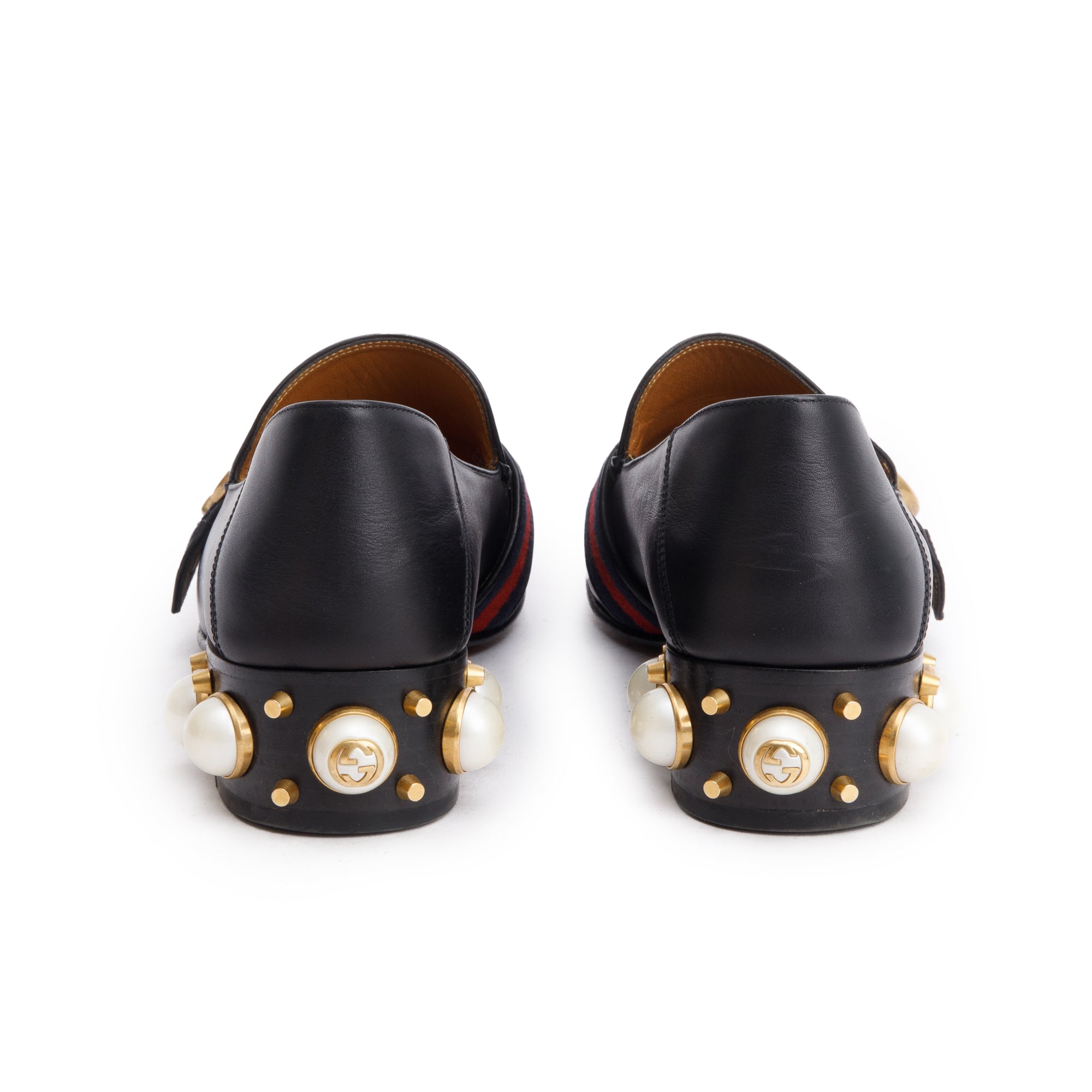 Gucci Black Leather Faux Pearl Studded Accent GG Peyton Web Pumps, Size 37.5 w/ Box