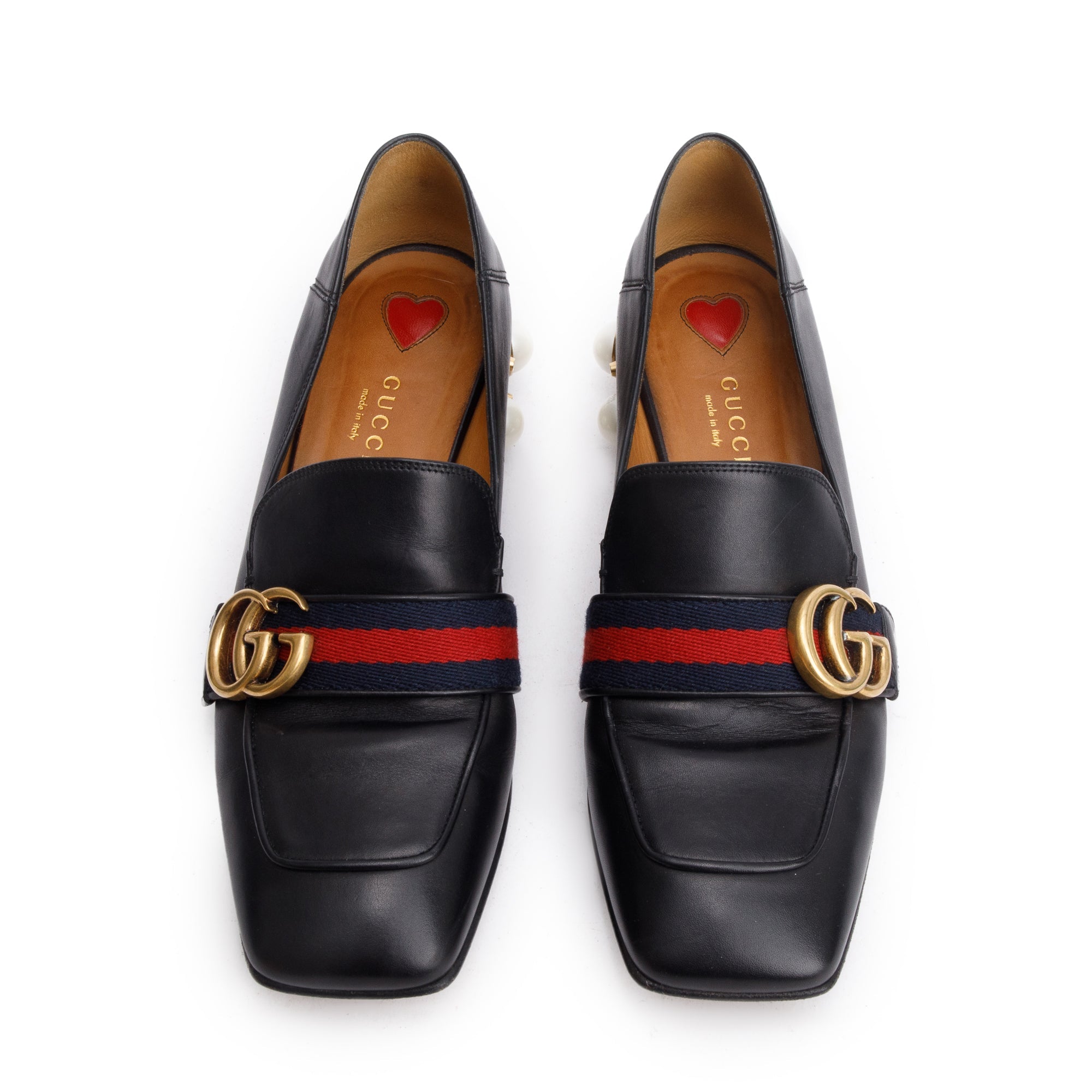 Gucci Black Leather Faux Pearl Studded Accent GG Peyton Web Pumps, Size 37.5 w/ Box