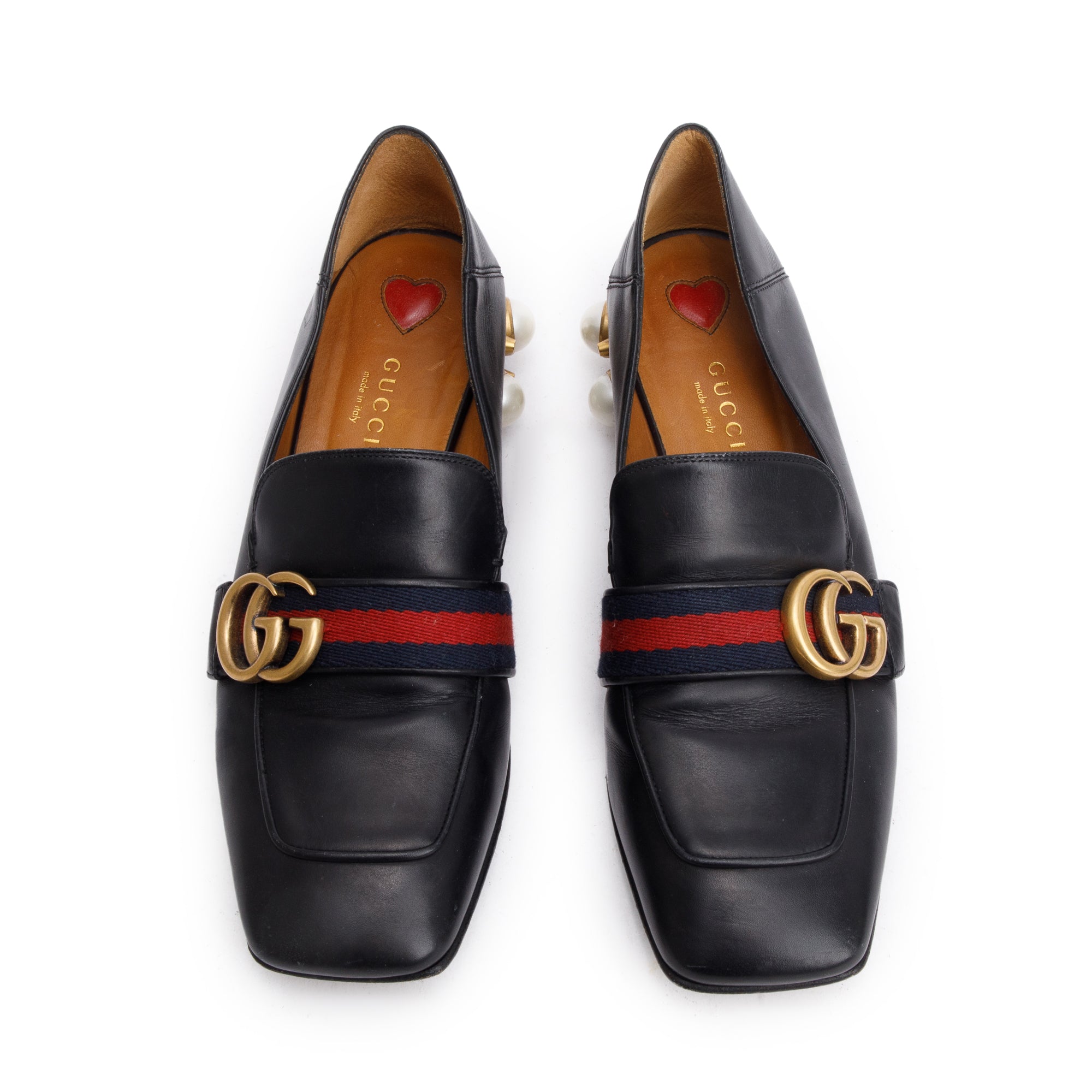 Gucci Black Leather Faux Pearl Studded Accent GG Web Pumps, Size 37.5