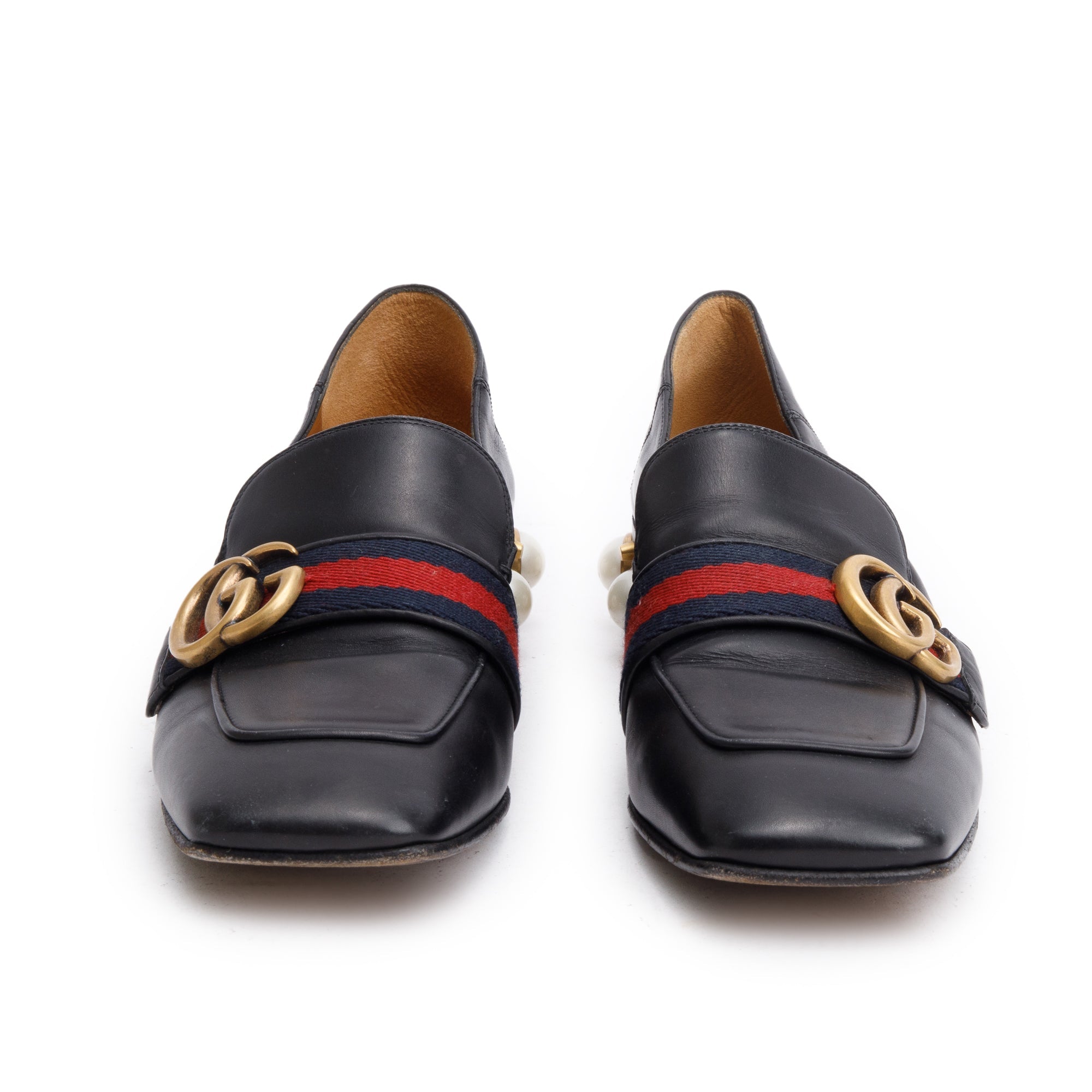 Gucci Black Leather Faux Pearl Studded Accent GG Web Pumps, Size 37.5