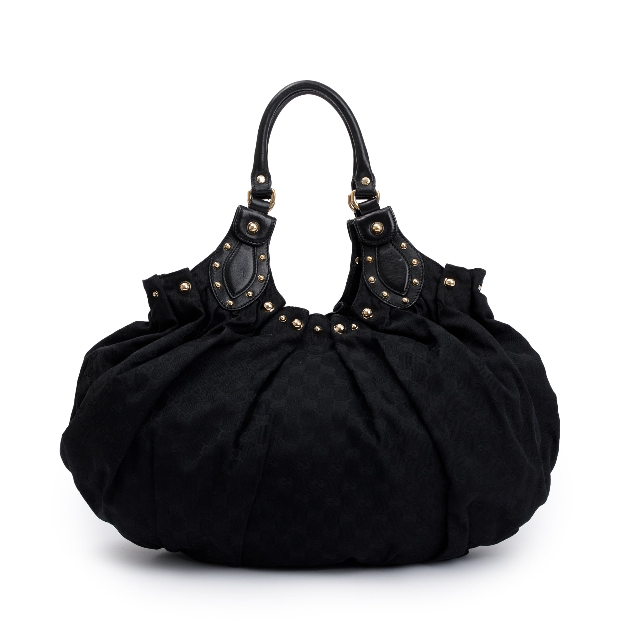 Gucci Black Leather GG Canvas Medium Studded Pelham Bag