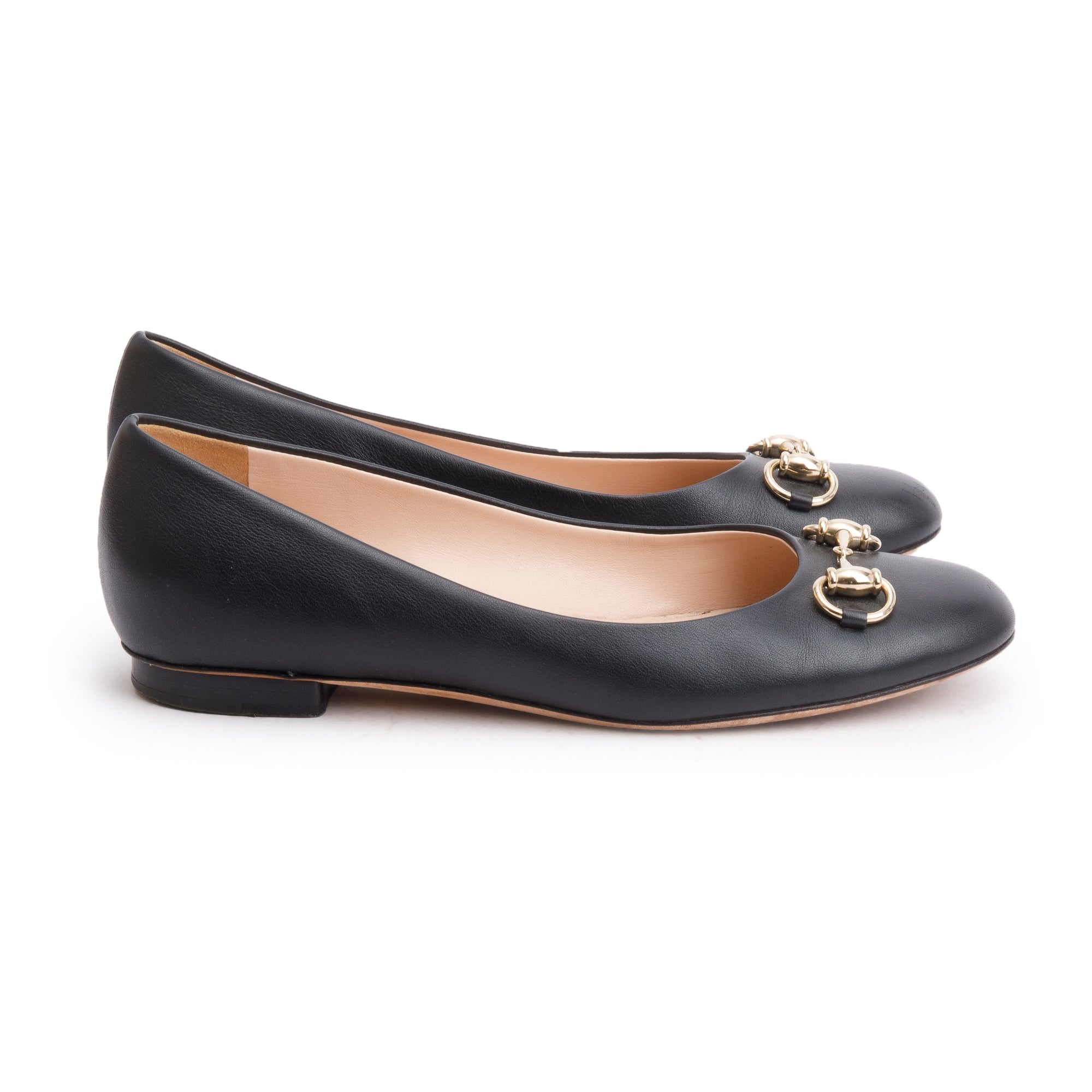 Gucci Black Leather Horsebit Accent Ballet Flats, Size 37.5 w/ Box
